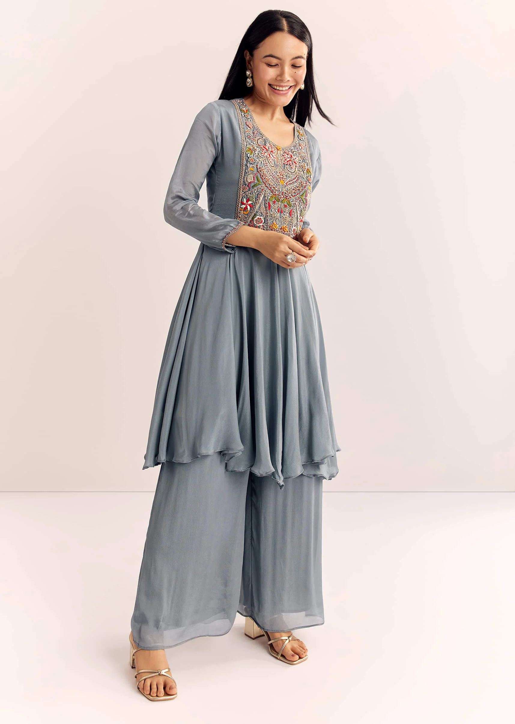 Grey Chinon Zardosi Kurta Palazzo Suit - Image 4