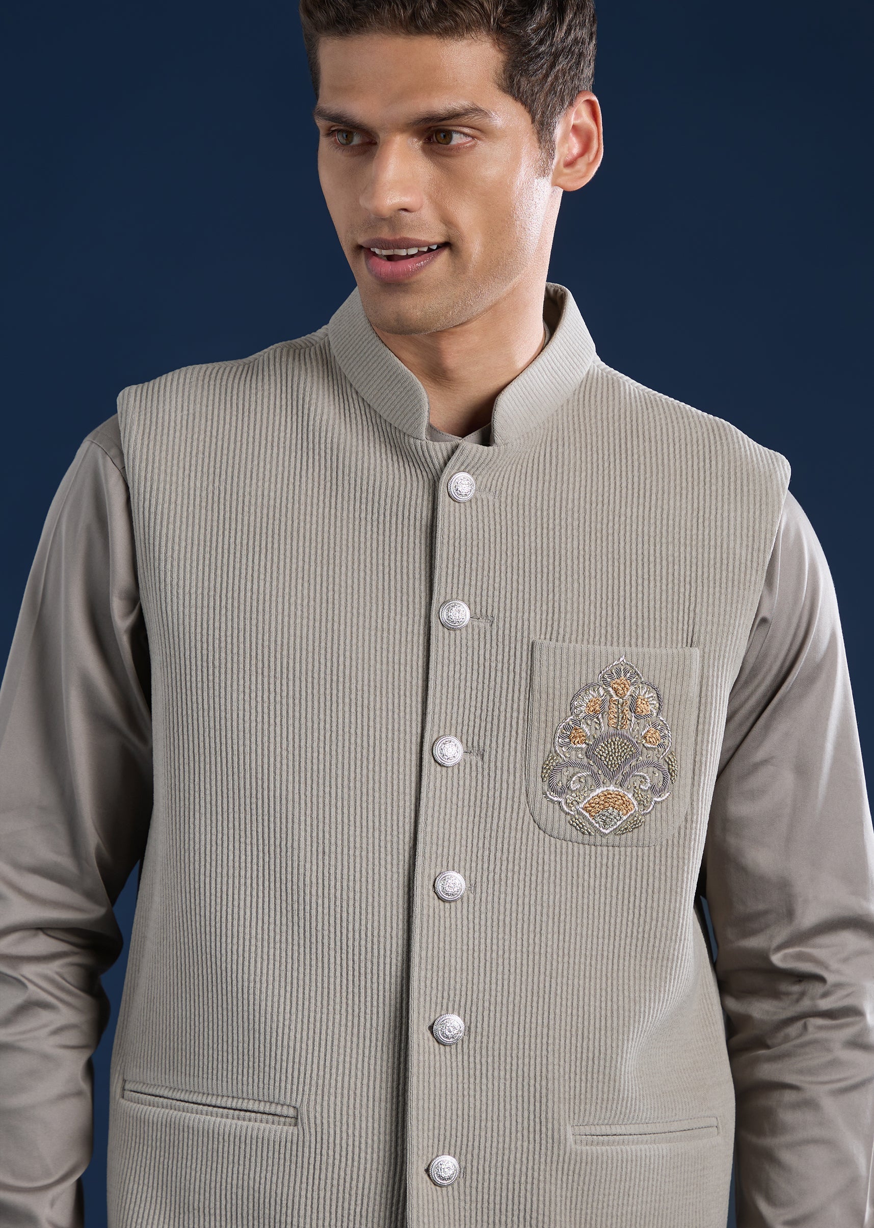 Grey Corduroy Kurta Jacket Set