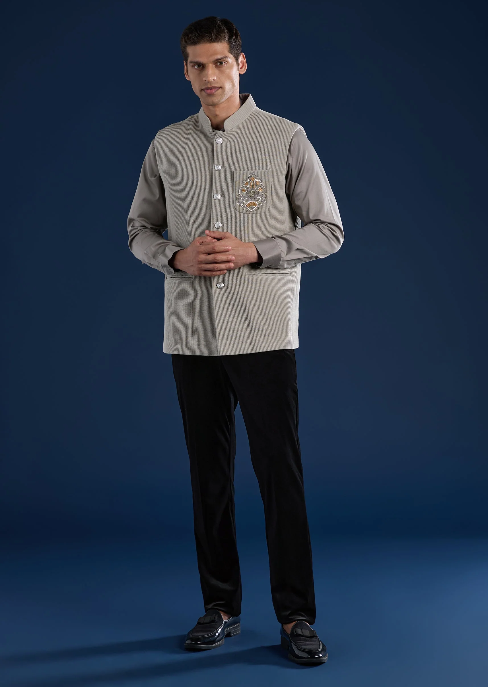 Grey Corduroy Kurta Jacket Set - Image 2