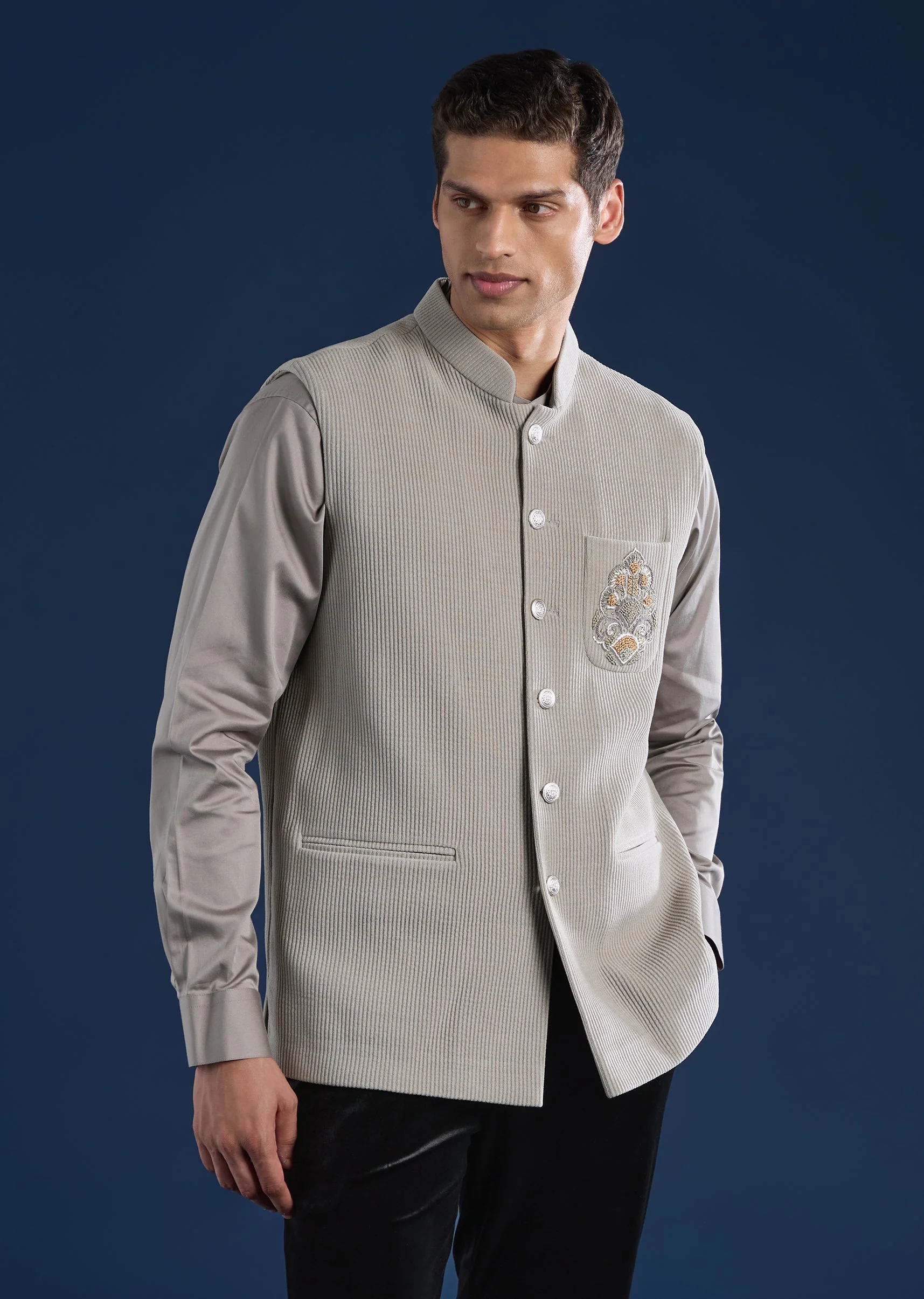 Grey Corduroy Kurta Jacket Set - Image 3