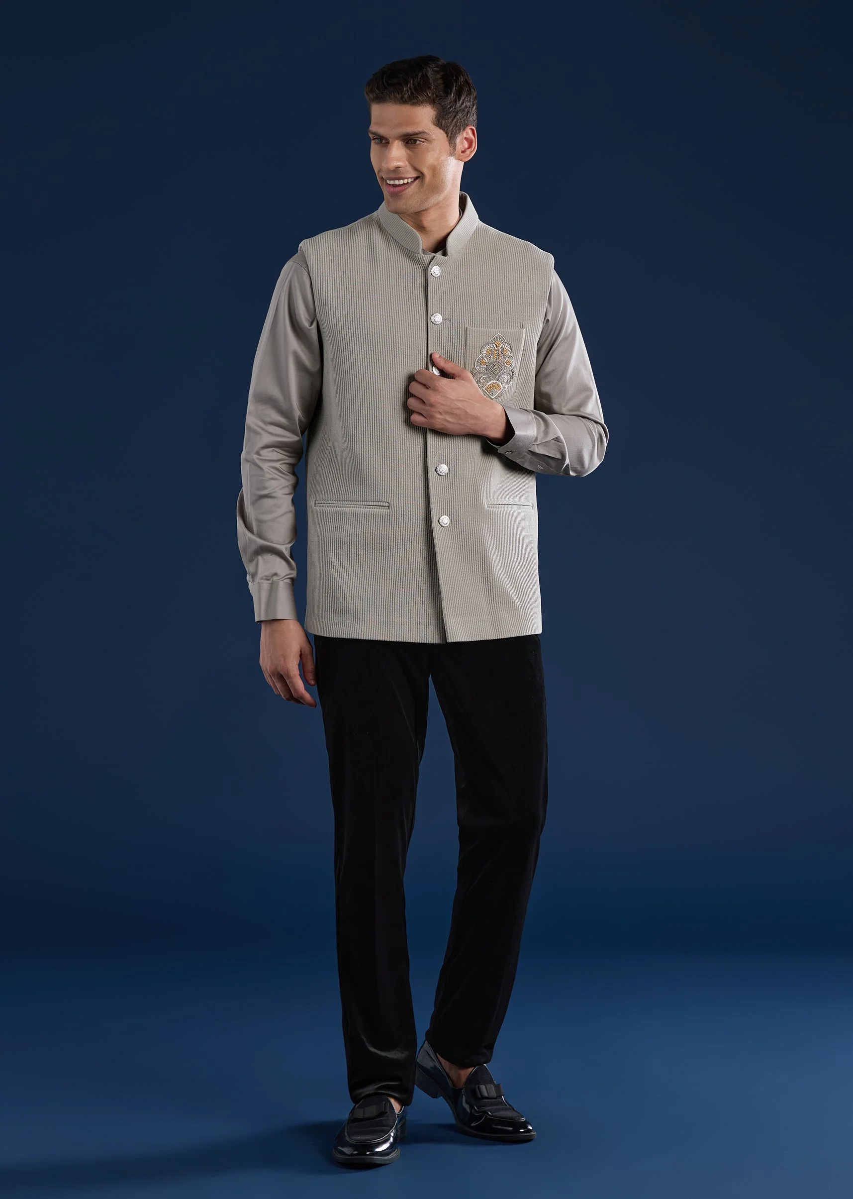 Grey Corduroy Kurta Jacket Set - Image 4