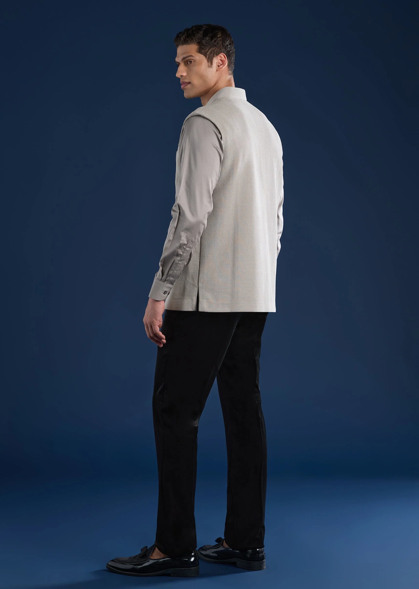 Grey Corduroy Kurta Jacket Set - Image 5