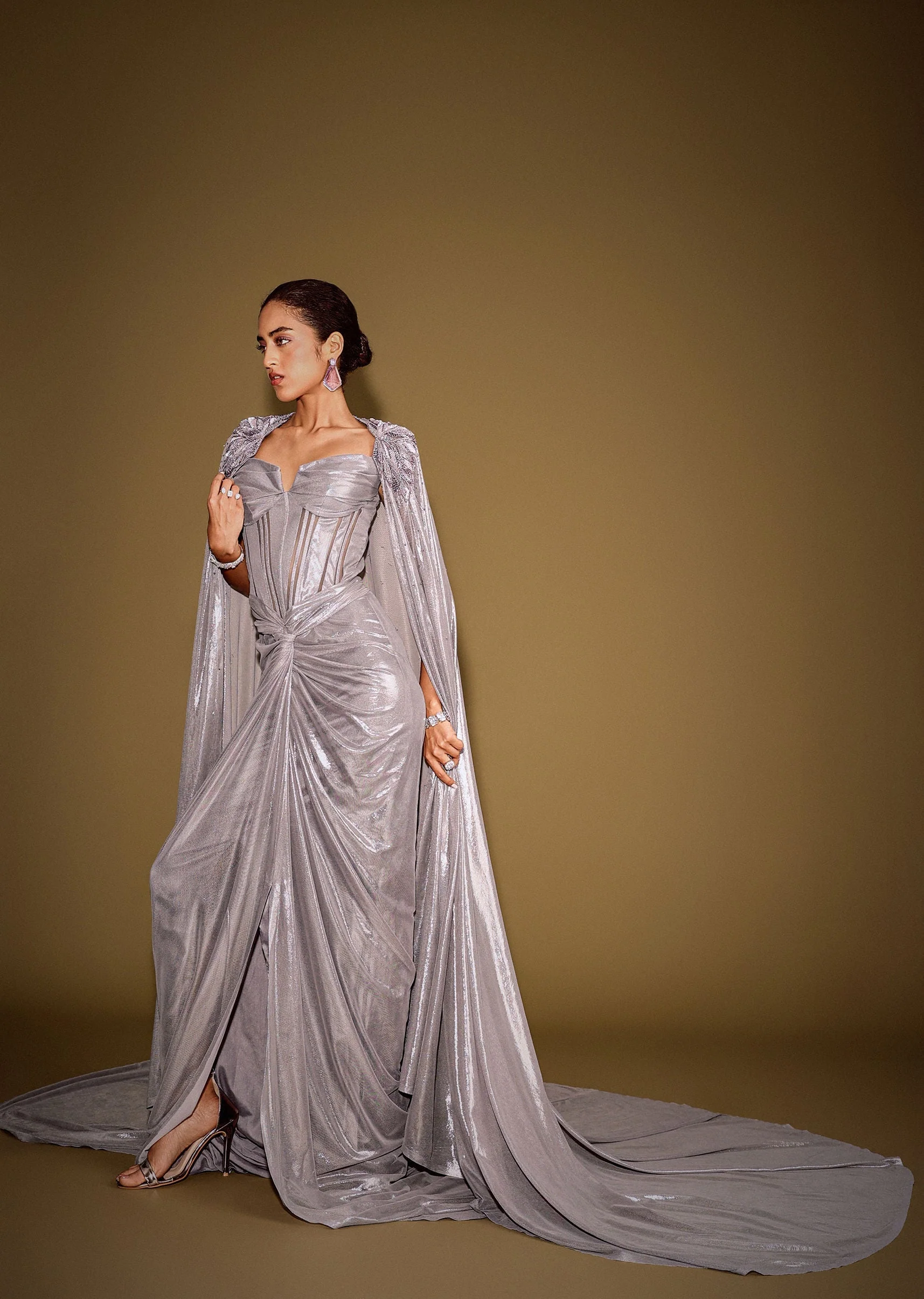 Grey Corset Drape Gown Paired With Embroidered Cape - Image 2
