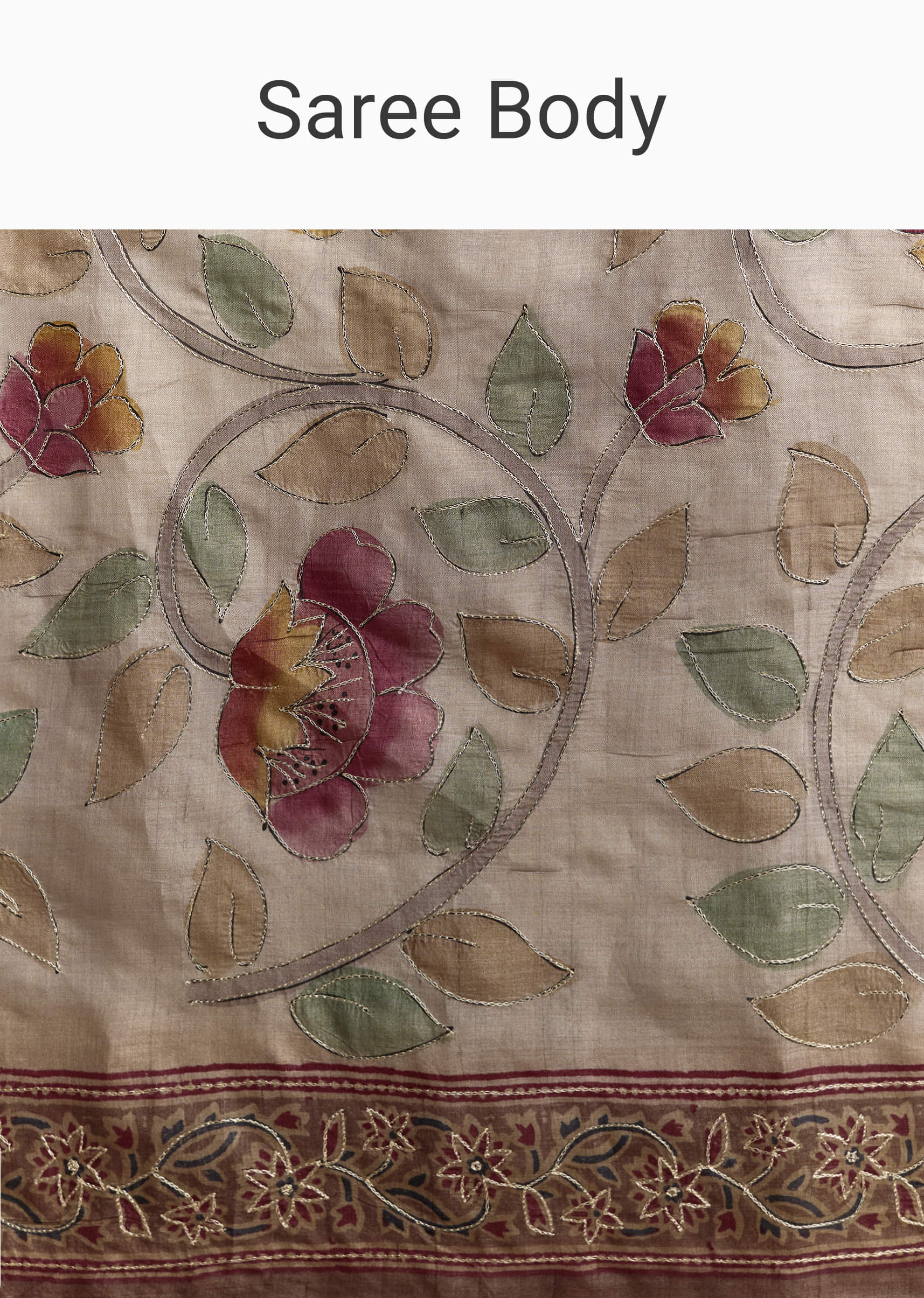 Grey Cotton Hand Painted Saree With Contrast Border - Image 9