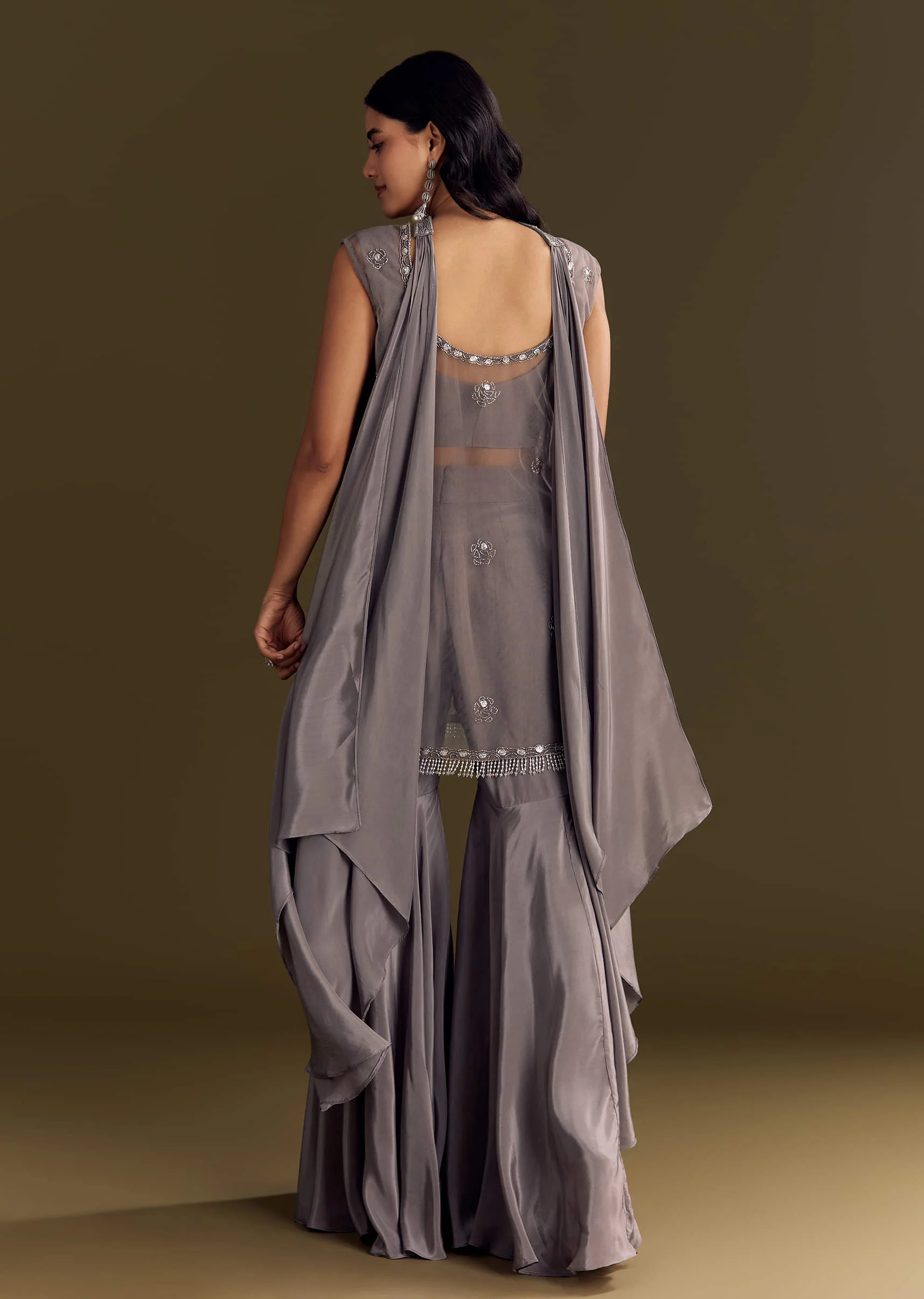 Grey Crepe Kurta Sharara With Net Choker Dupatta - Image 5