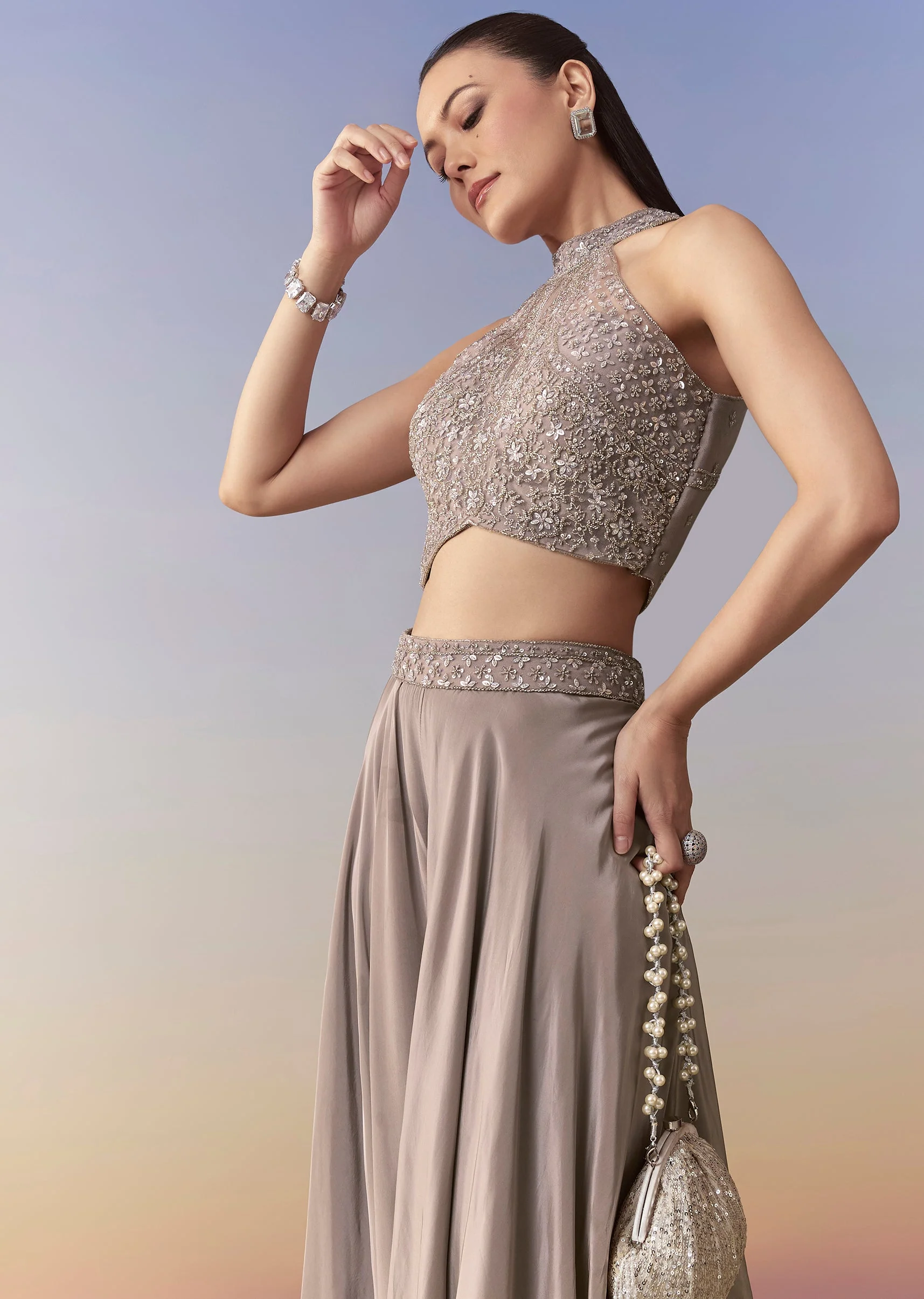 Grey Crepe Sequin Embellished Crop Top Palazzo Set - Image 4