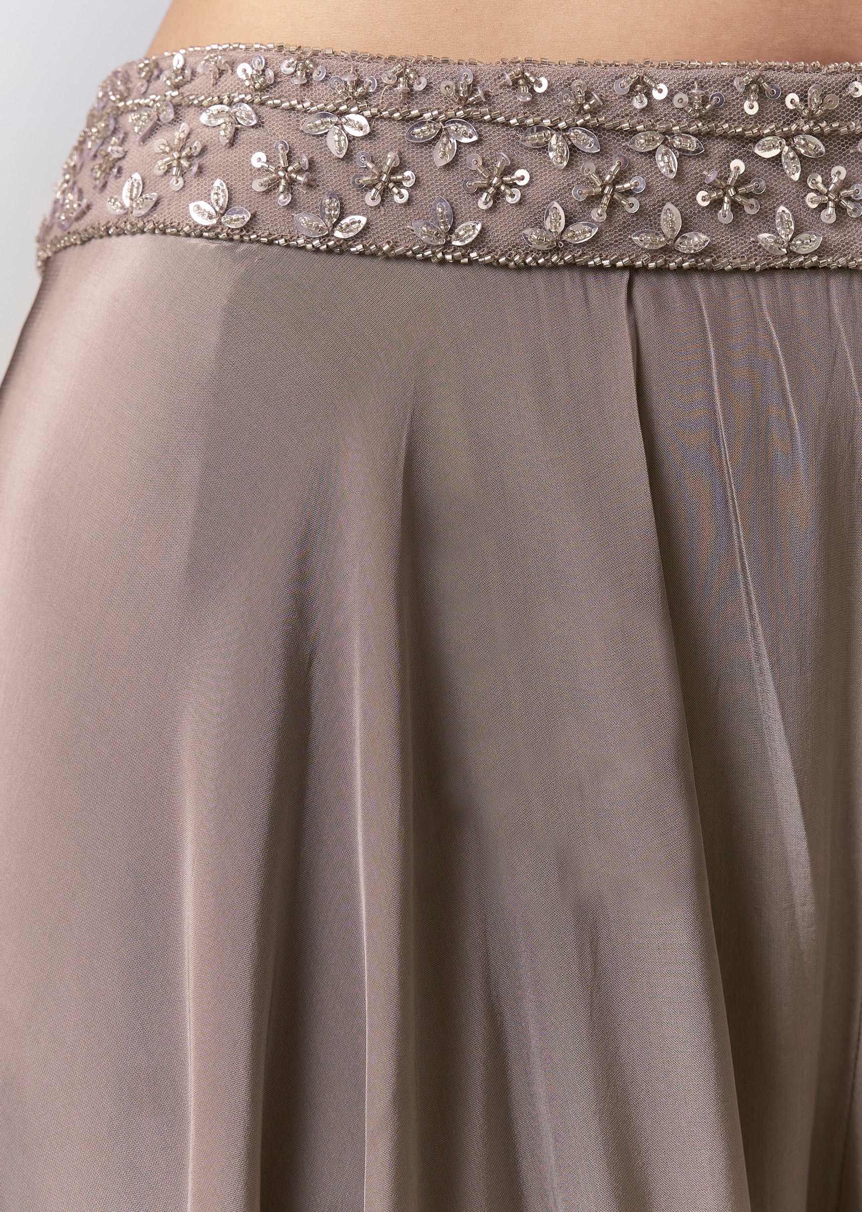 Grey Crepe Sequin Embellished Crop Top Palazzo Set - Image 6