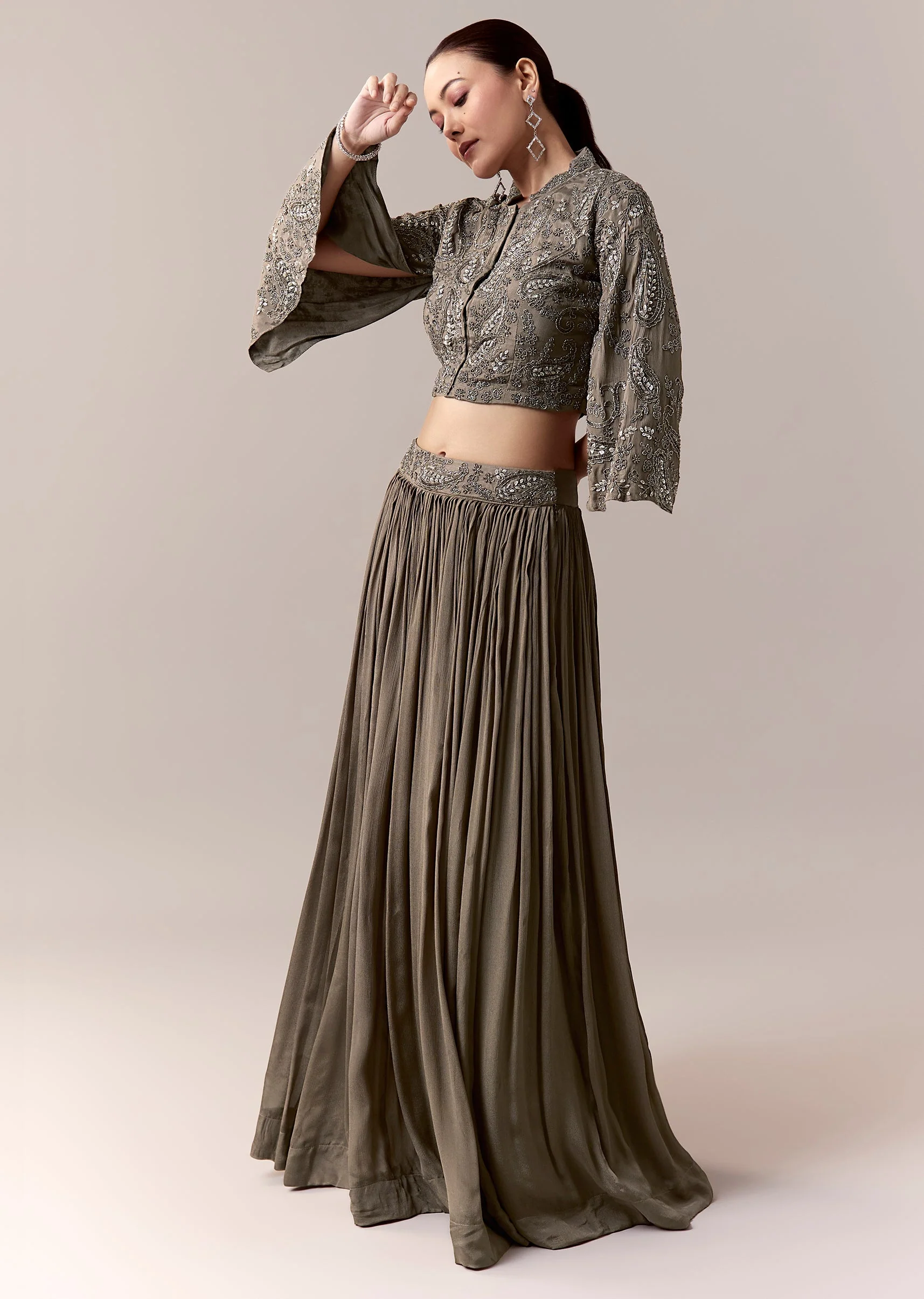 Grey Crop Top Skirt Indo Western With Cut Dana Sequins Work