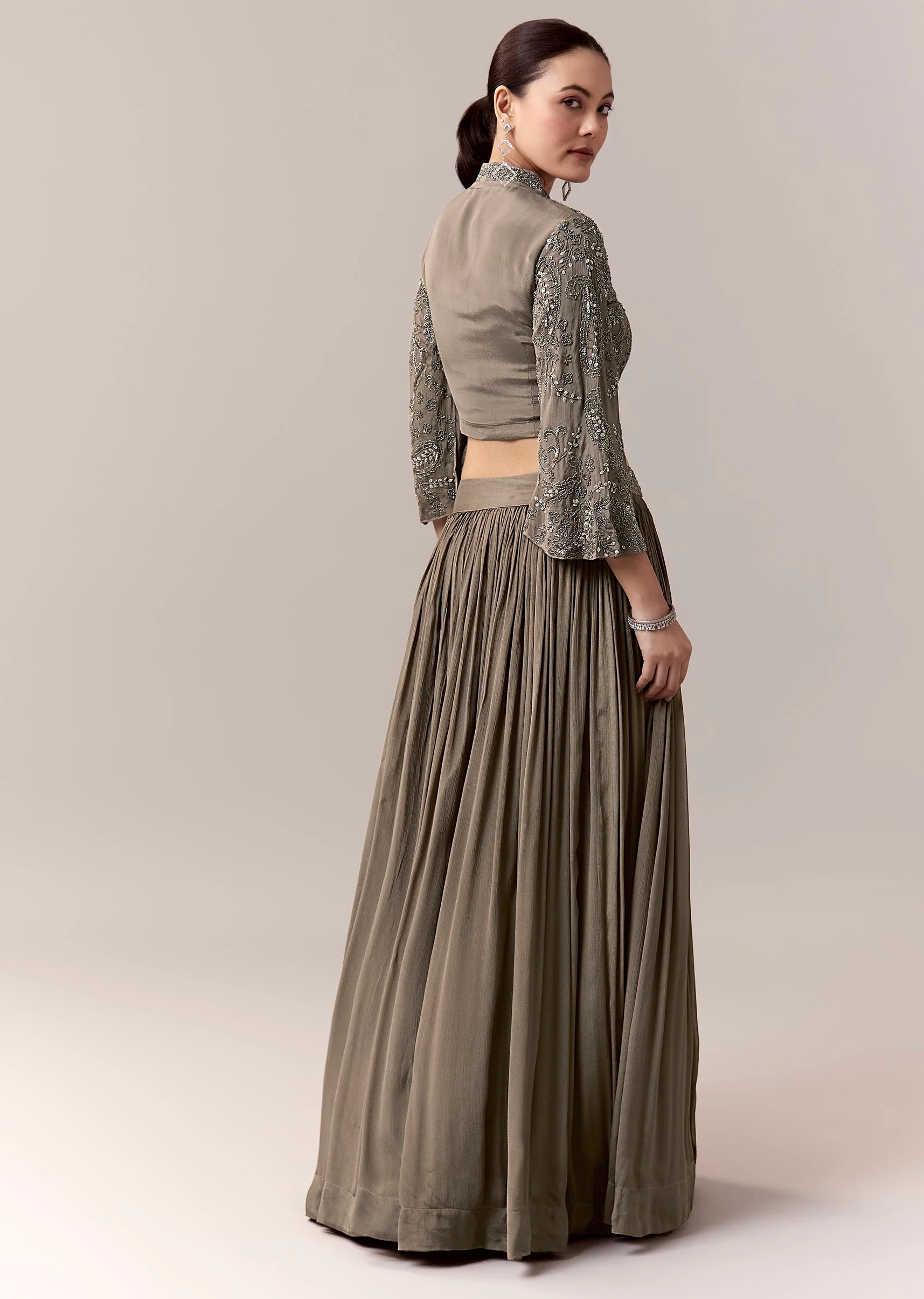 Grey Crop Top Skirt Indo Western With Cut Dana Sequins Work - Image 5