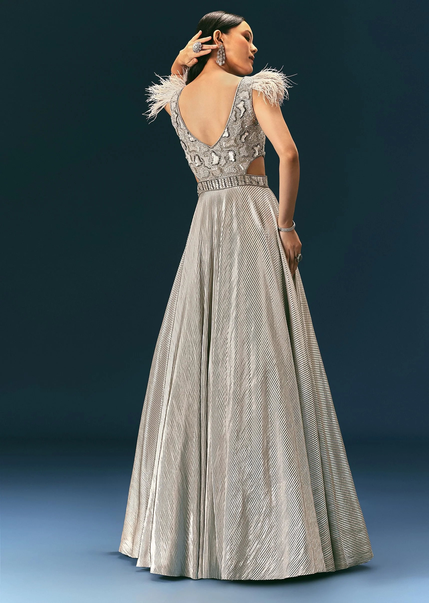 Grey Crushed Flared Gown With Hand Embroidery - Image 5