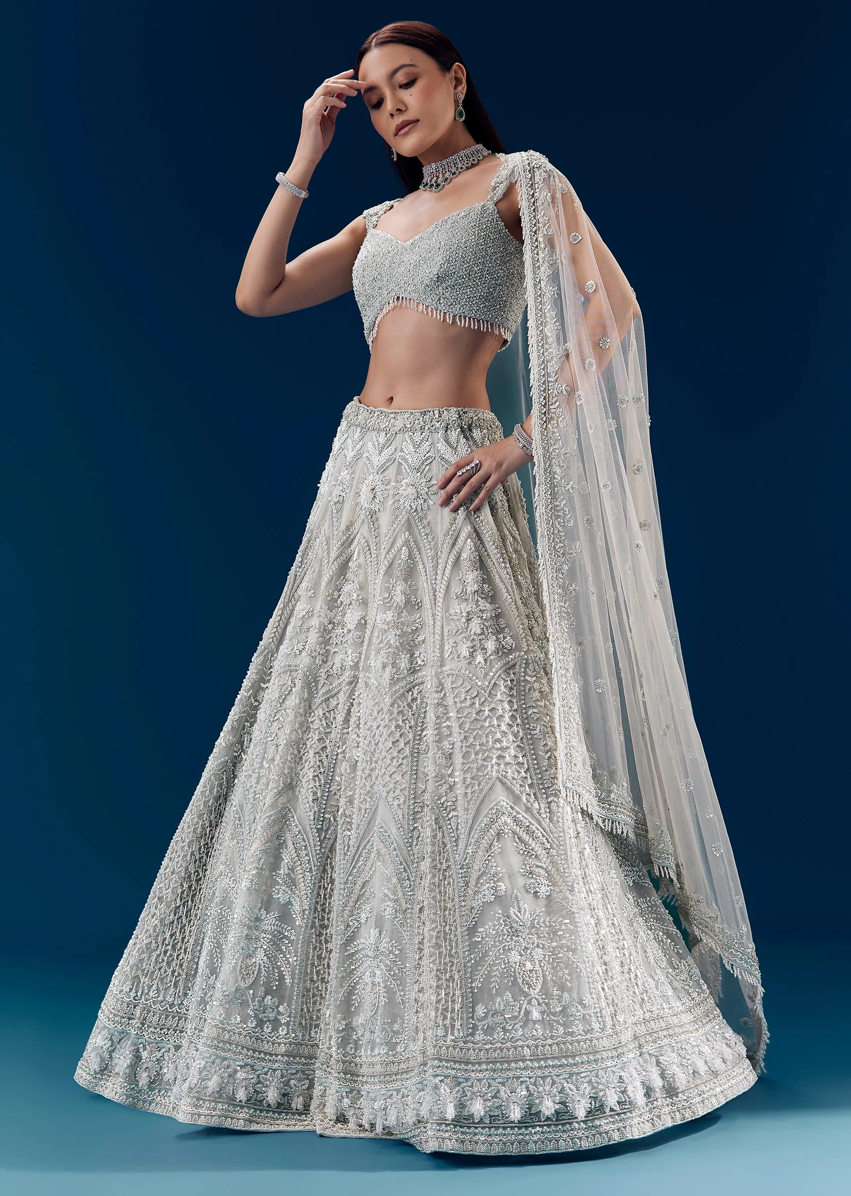 Grey Crystal Embellished Bridal Lehenga Set - Image 4