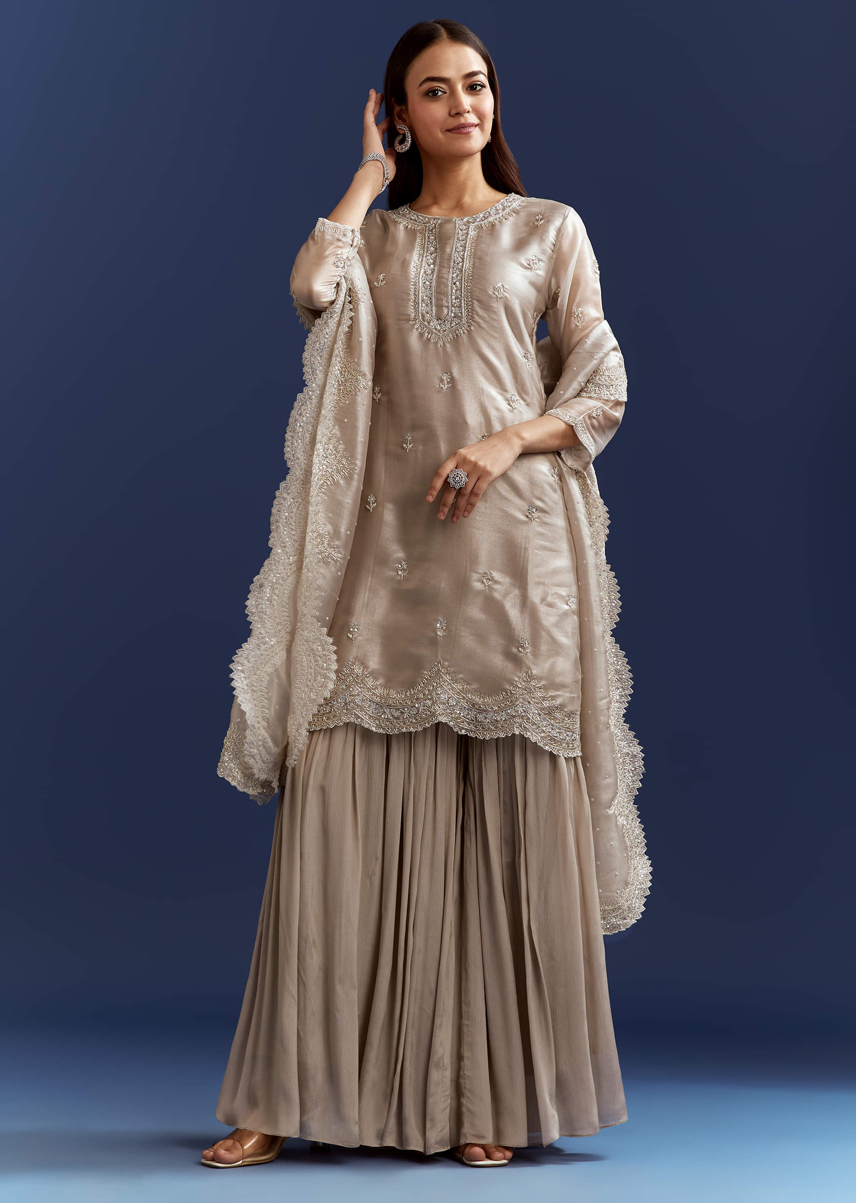 Grey Cutdana And Sequins Kurta With Stone Work Dupatta In Tissue - Image 2