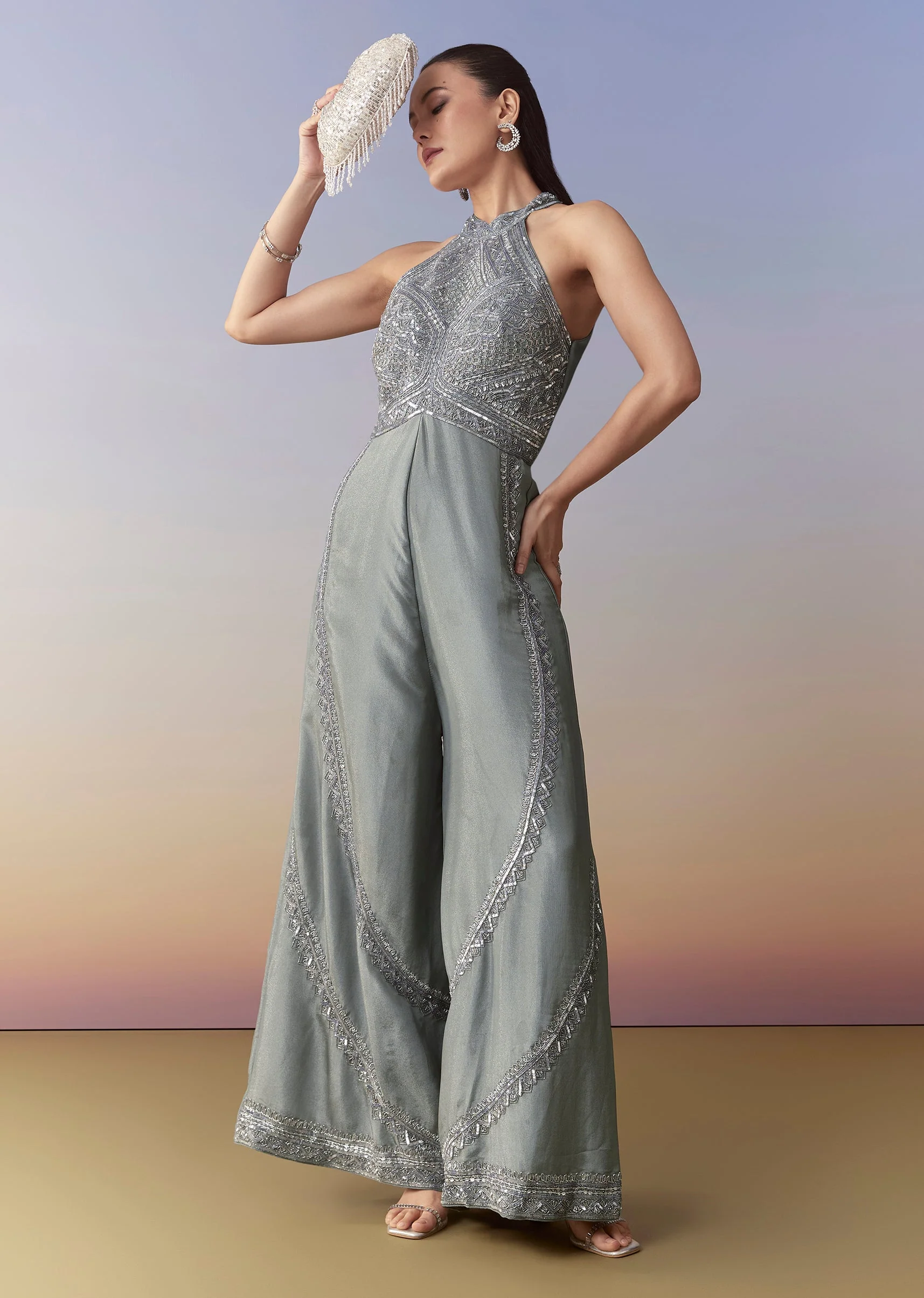 Grey Cutdana Embellished Jumpsuit - Image 3