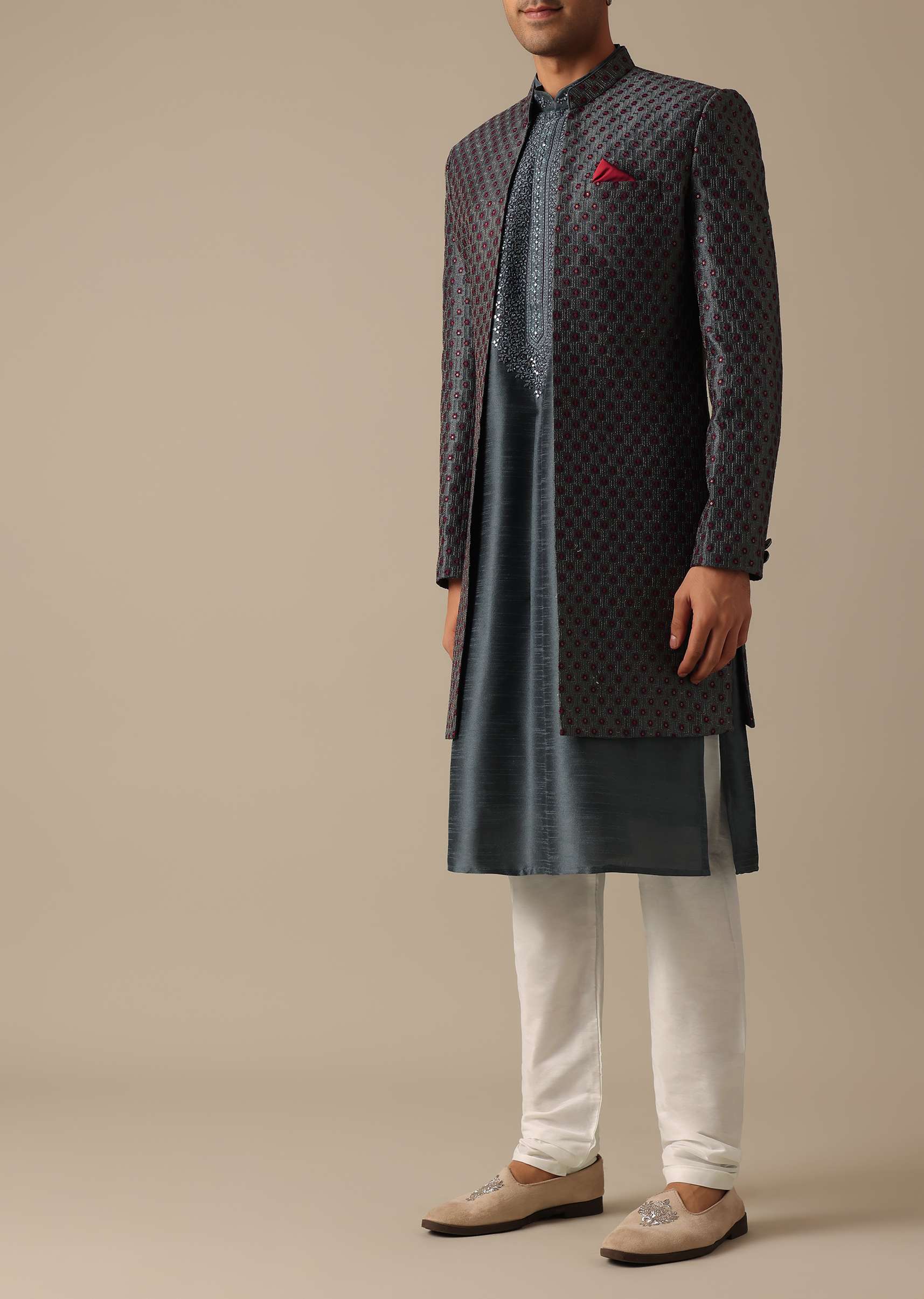 Grey Dupion Silk Sherwani Set With Mirror Work - Image 3