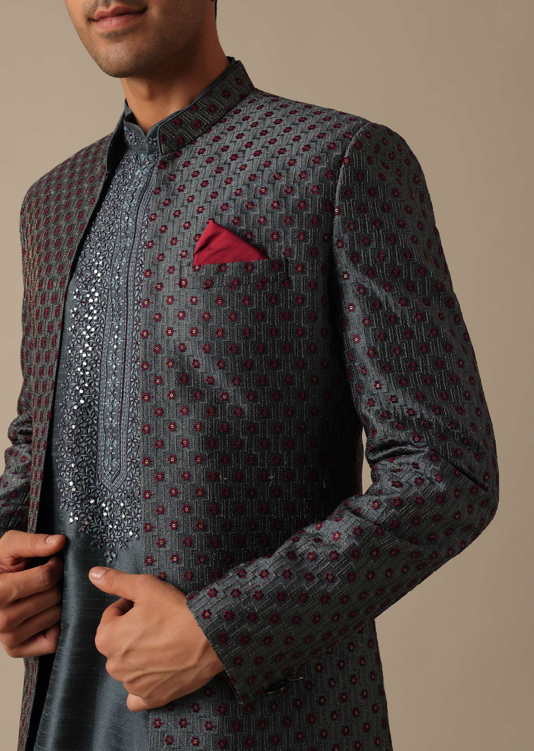 Grey Dupion Silk Sherwani Set With Mirror Work - Image 4