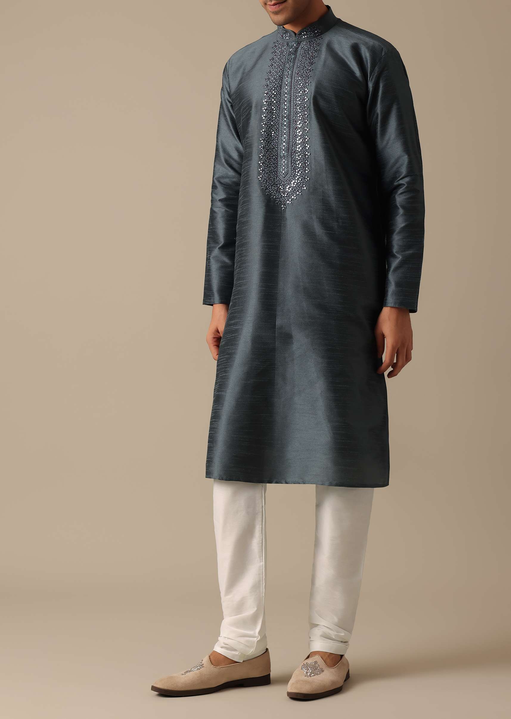 Grey Dupion Silk Sherwani Set With Mirror Work - Image 6