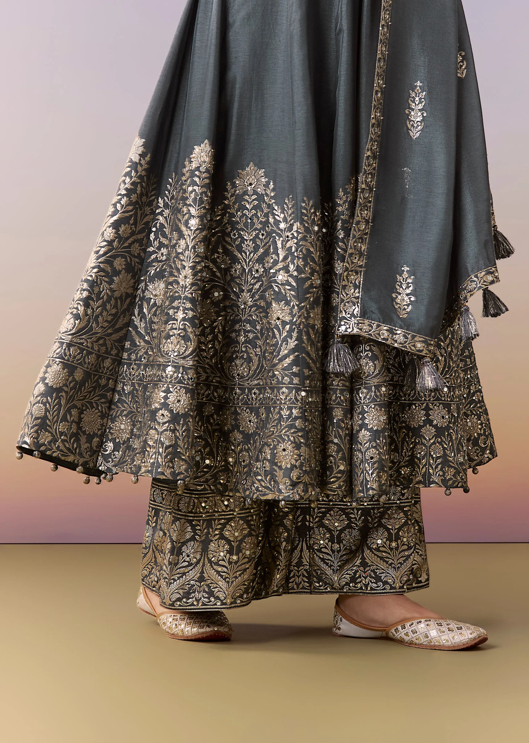 Grey Embellished Anarkali Suit Set With Pant And Dupatta - Image 2