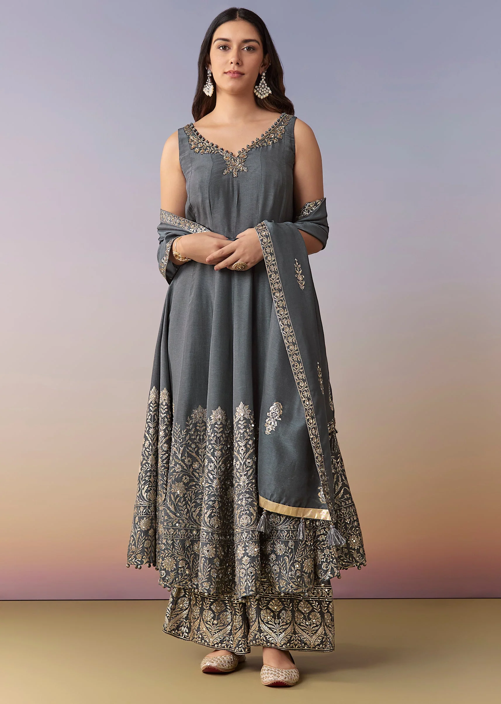 Grey Embellished Anarkali Suit Set With Pant And Dupatta - Image 3