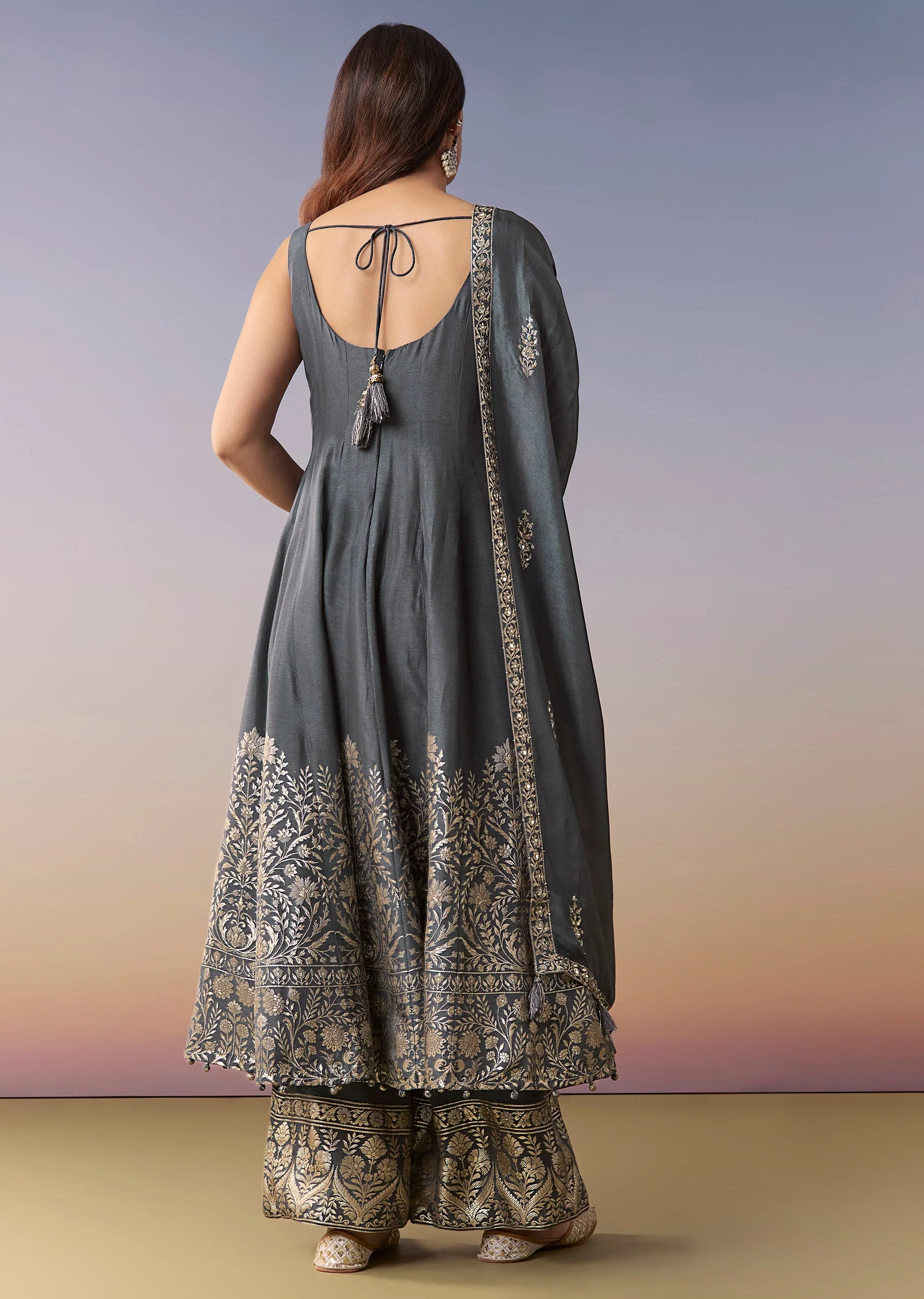 Grey Embellished Anarkali Suit Set With Pant And Dupatta - Image 5
