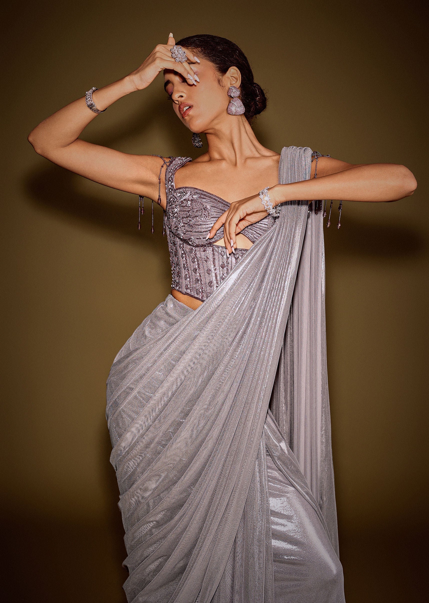 Grey Embellished Corset Blouse With Draped Saree And Tassel Detailing - Image 3