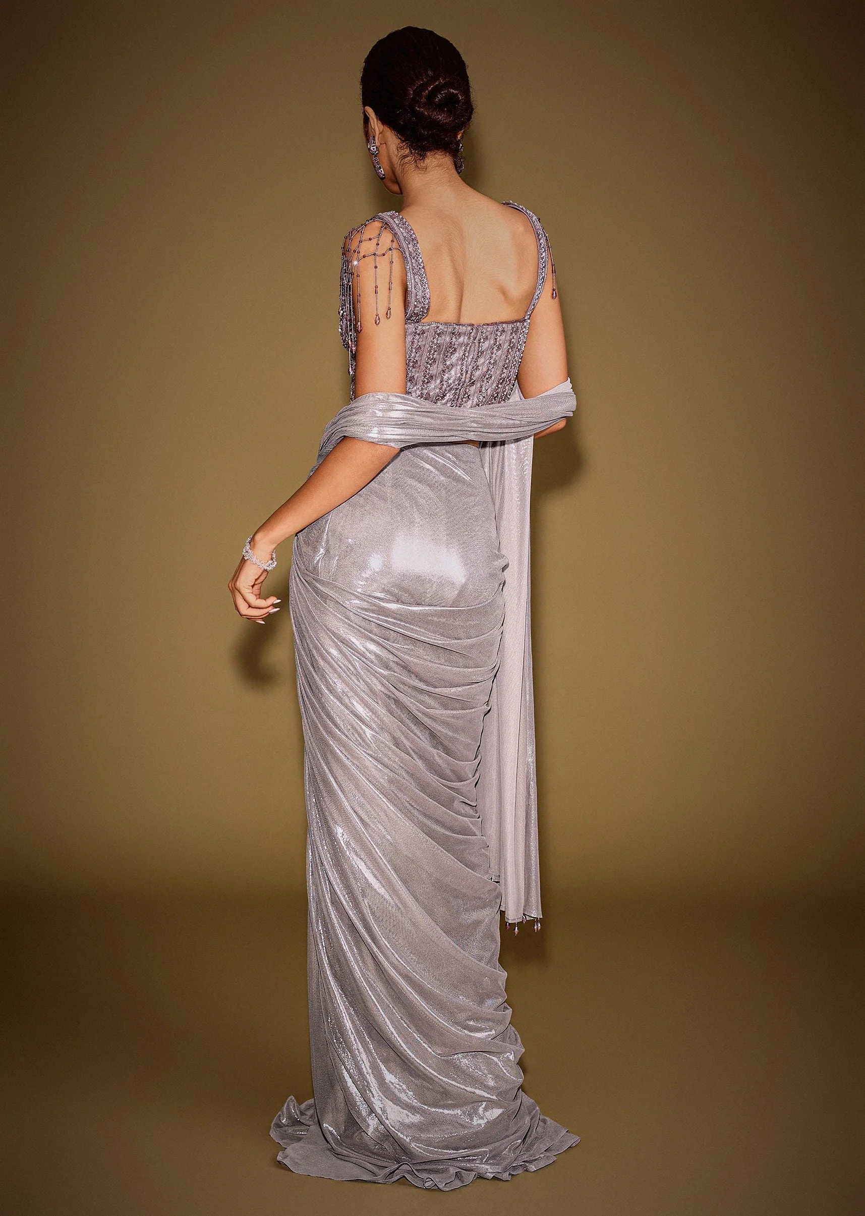 Grey Embellished Corset Blouse With Draped Saree And Tassel Detailing - Image 5