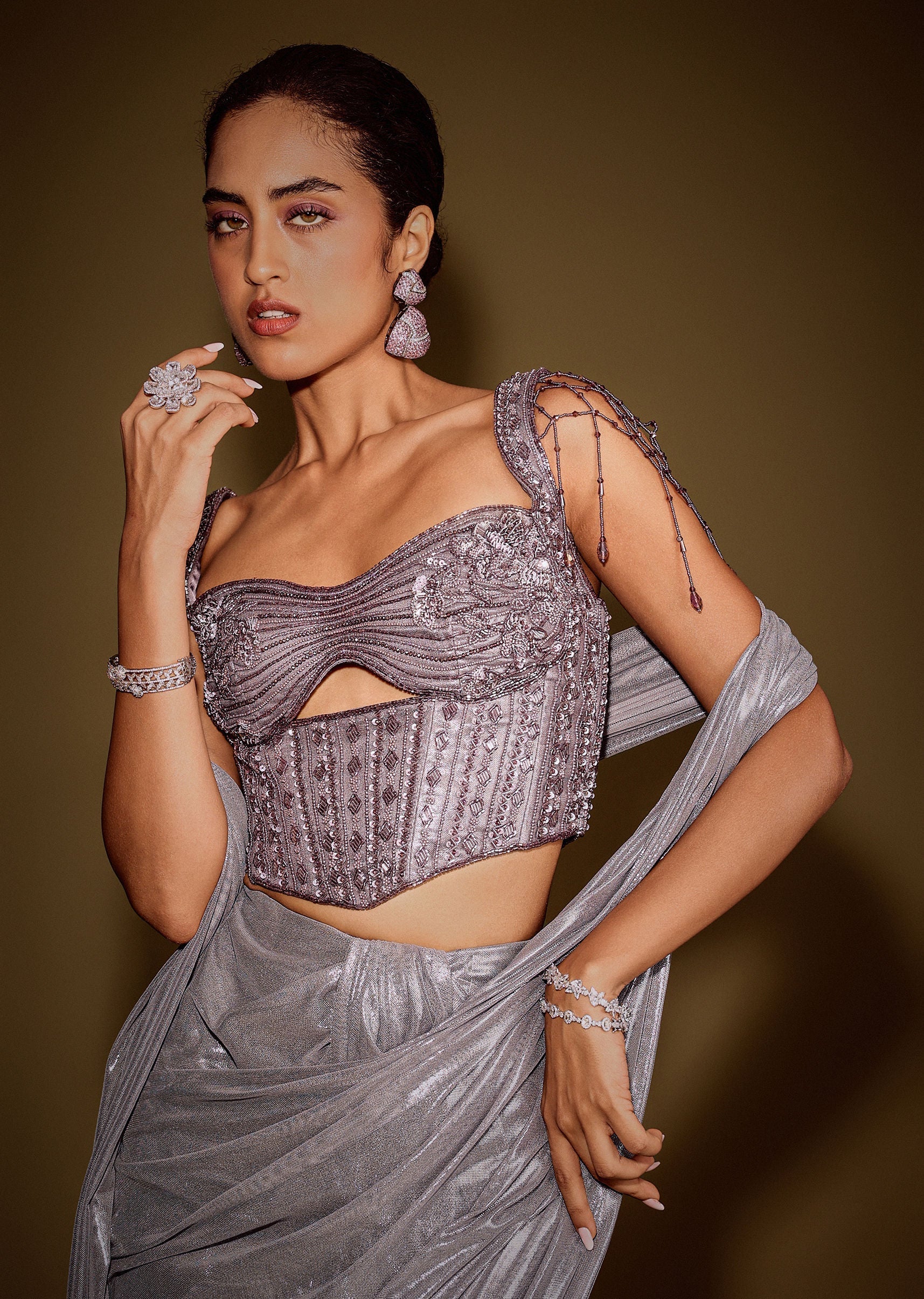 Grey Embellished Corset Blouse With Draped Saree And Tassel Detailing - Image 6