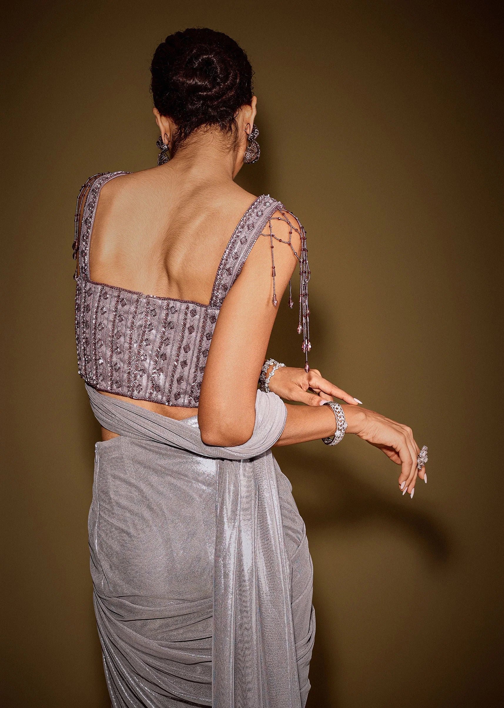 Grey Embellished Corset Blouse With Draped Saree And Tassel Detailing - Image 7