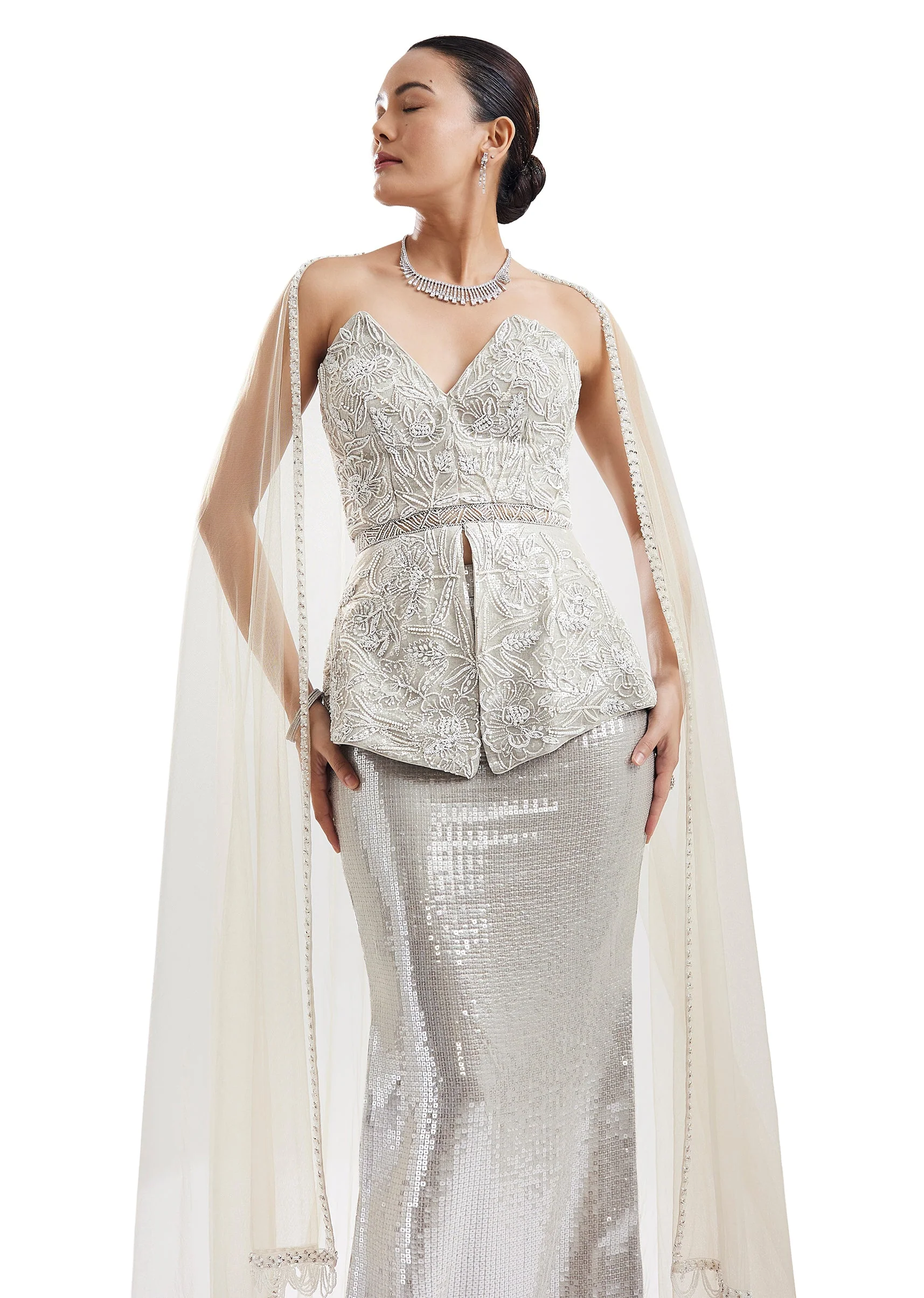 Grey Embellished Corset Skirt Set With Cape - Image 5