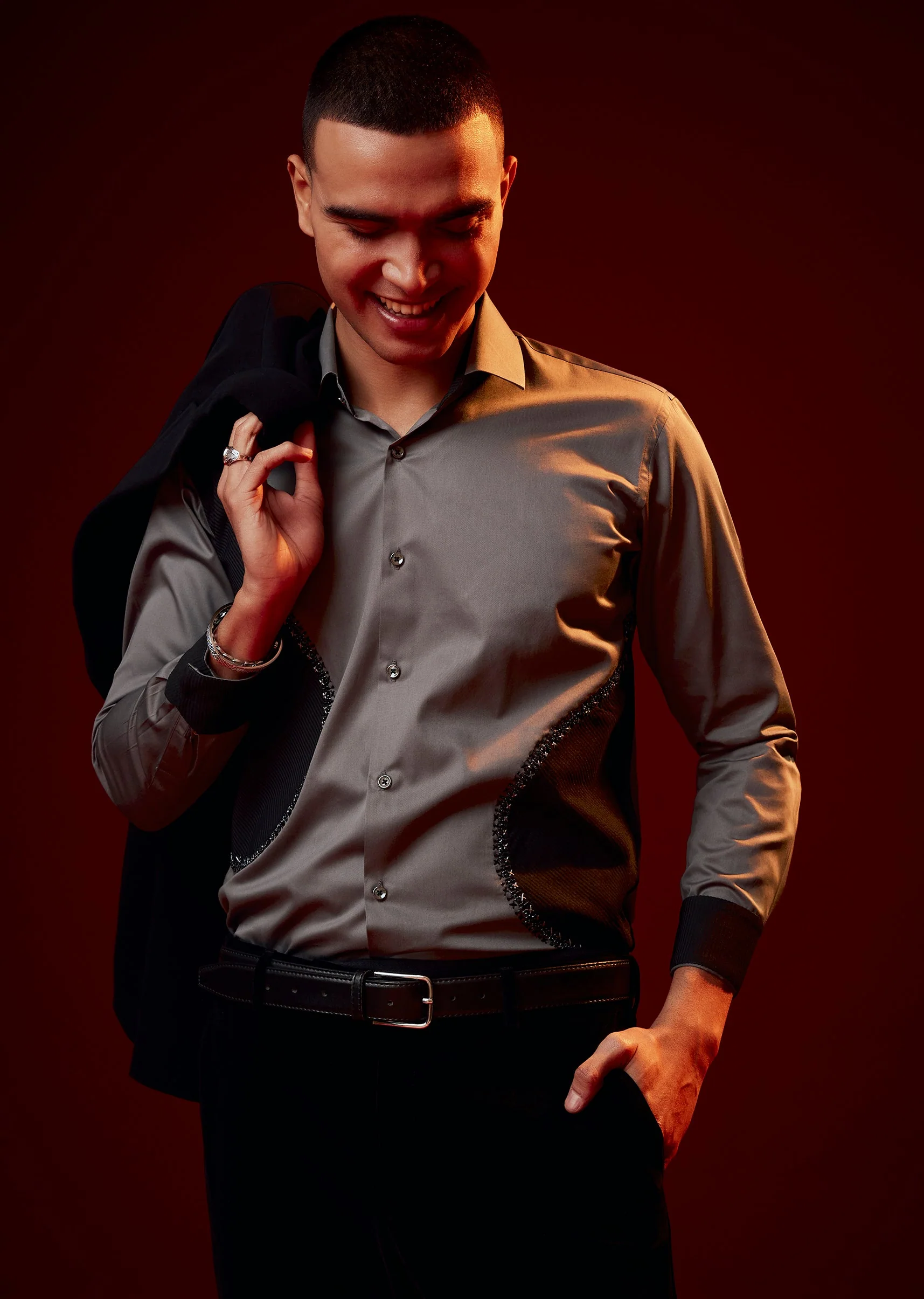 Grey Embellished Silk Blend Party Shirt - Image 3