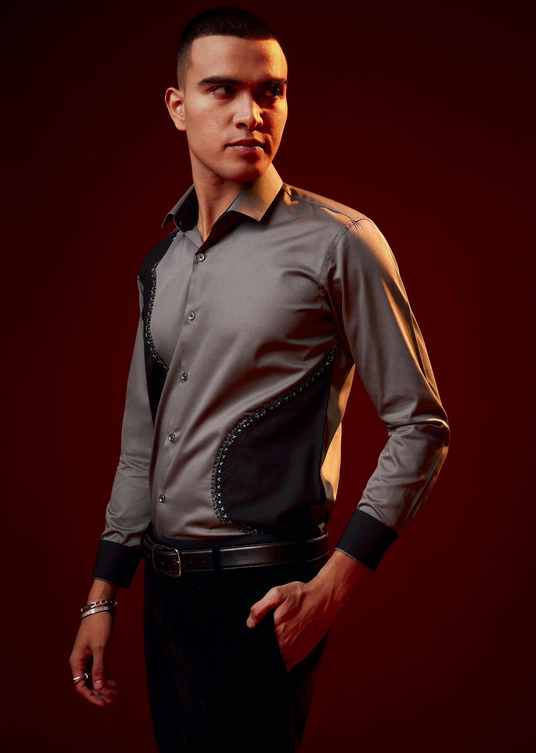 Grey Embellished Silk Blend Party Shirt - Image 4