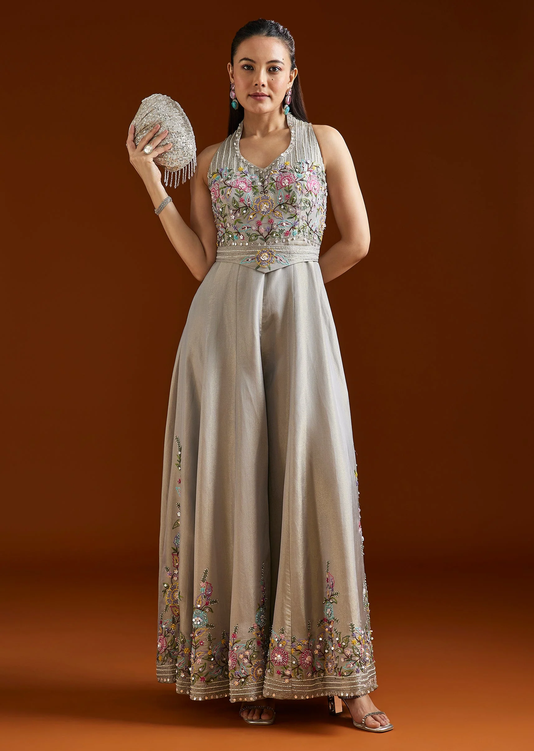 Grey Embellished Tissue Jumpsuit With Belt - Image 3