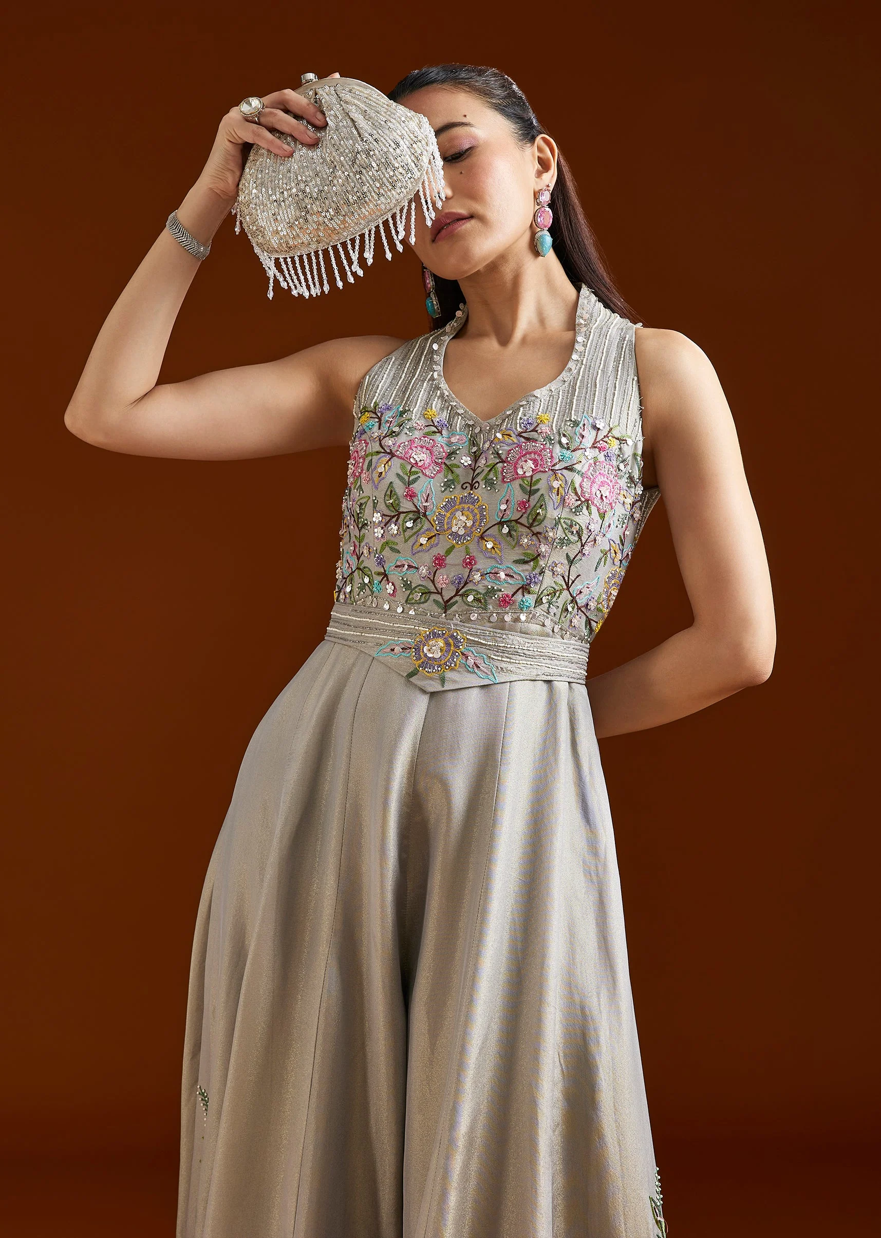 Grey Embellished Tissue Jumpsuit With Belt - Image 4
