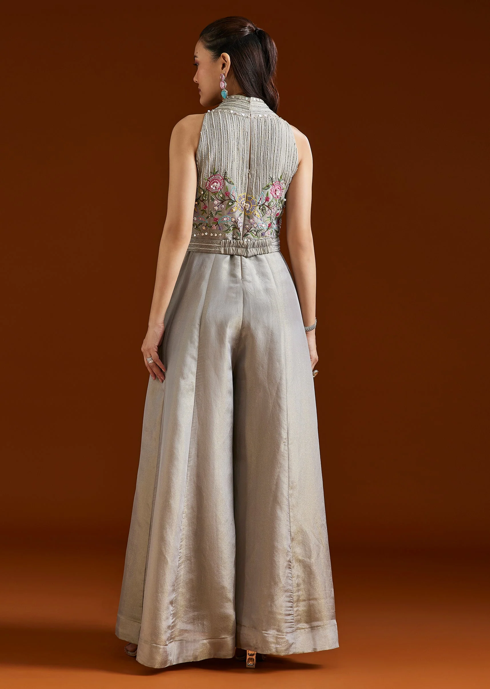 Grey Embellished Tissue Jumpsuit With Belt - Image 5