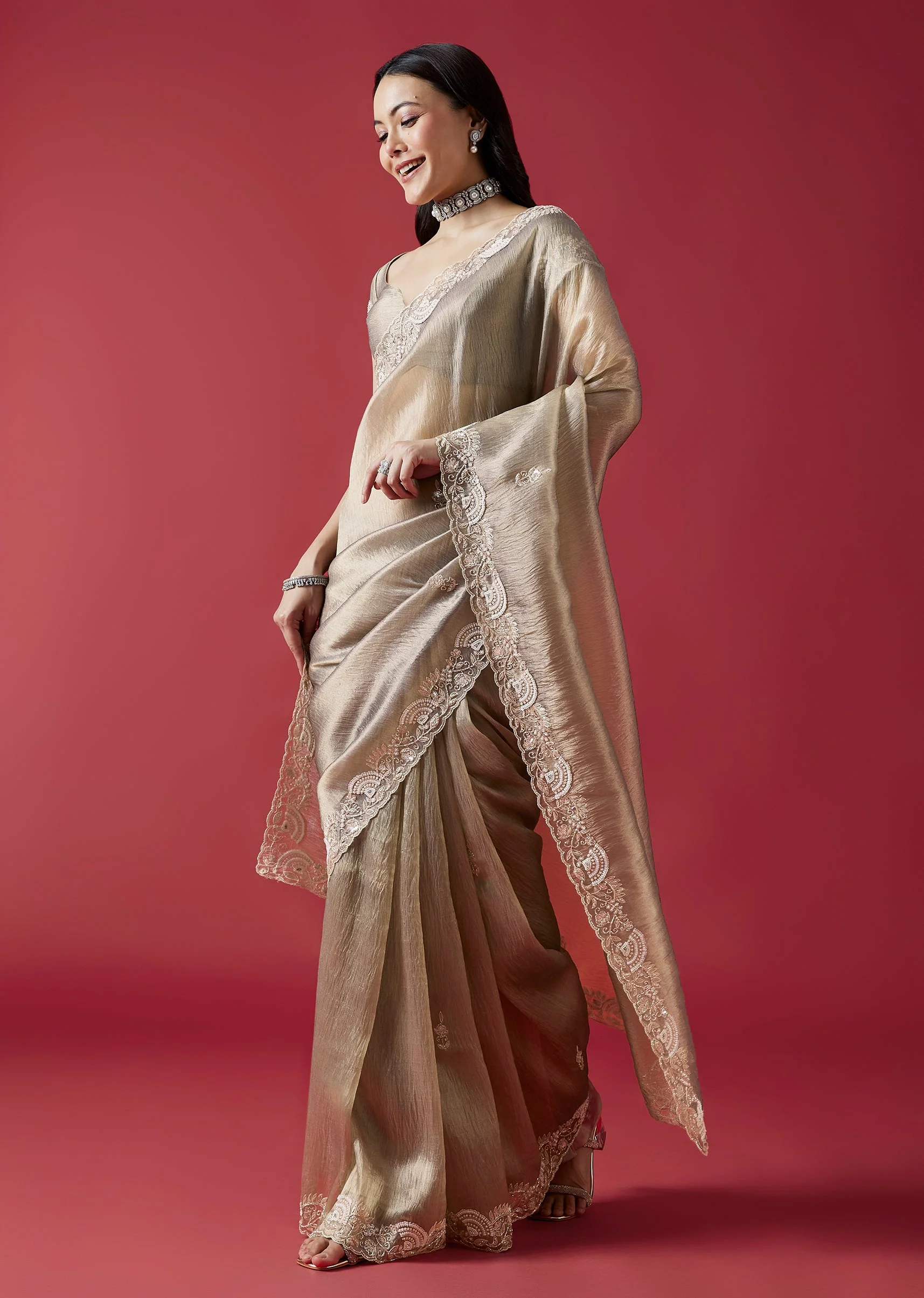 Grey Embroidered Crush Tissue Saree With Zardosi Detailing - Image 3