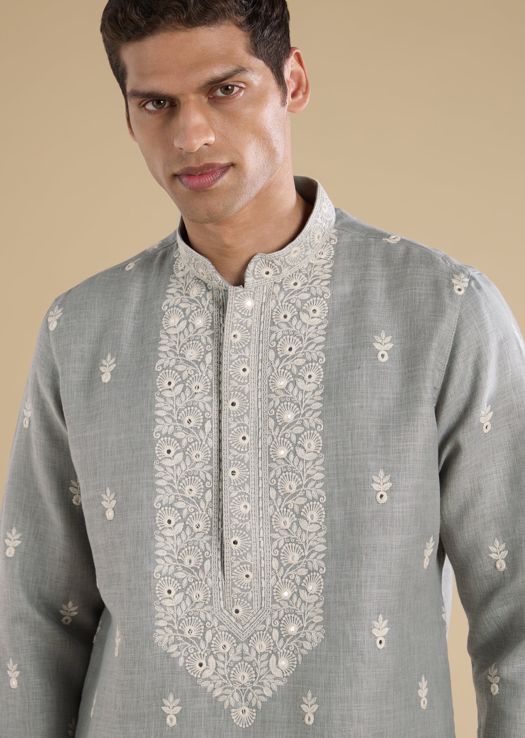 Grey Embroidered Kurta Set For Men - Image 2
