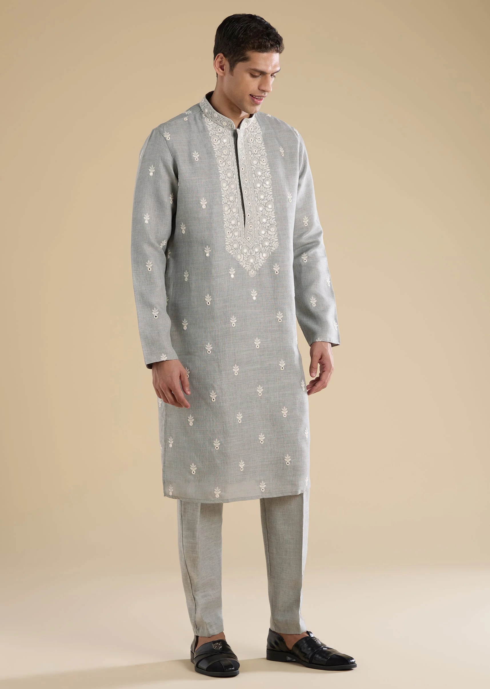 Grey Embroidered Kurta Set For Men - Image 3