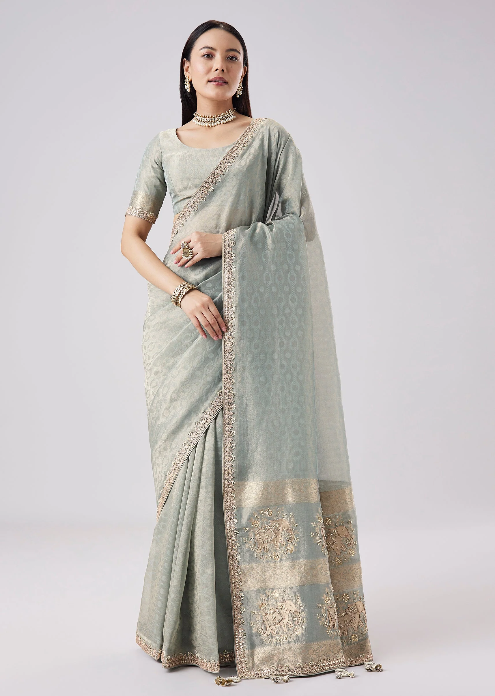 Grey Embroidered Motif Tassel Saree With Unstitched Blouse