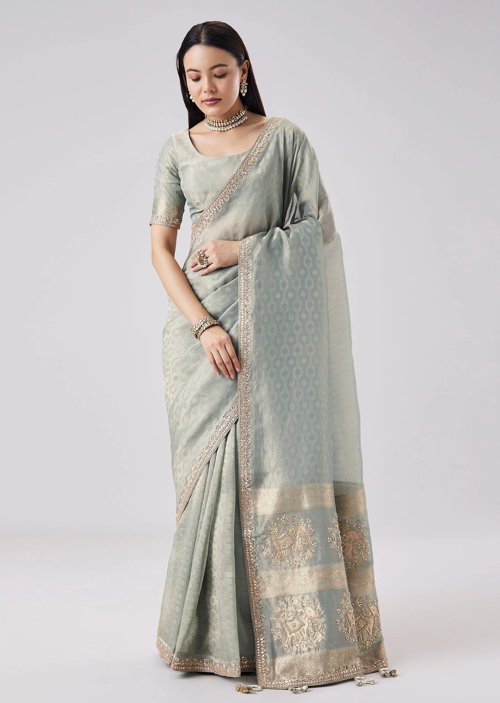Grey Embroidered Motif Tassel Saree With Unstitched Blouse - Image 3