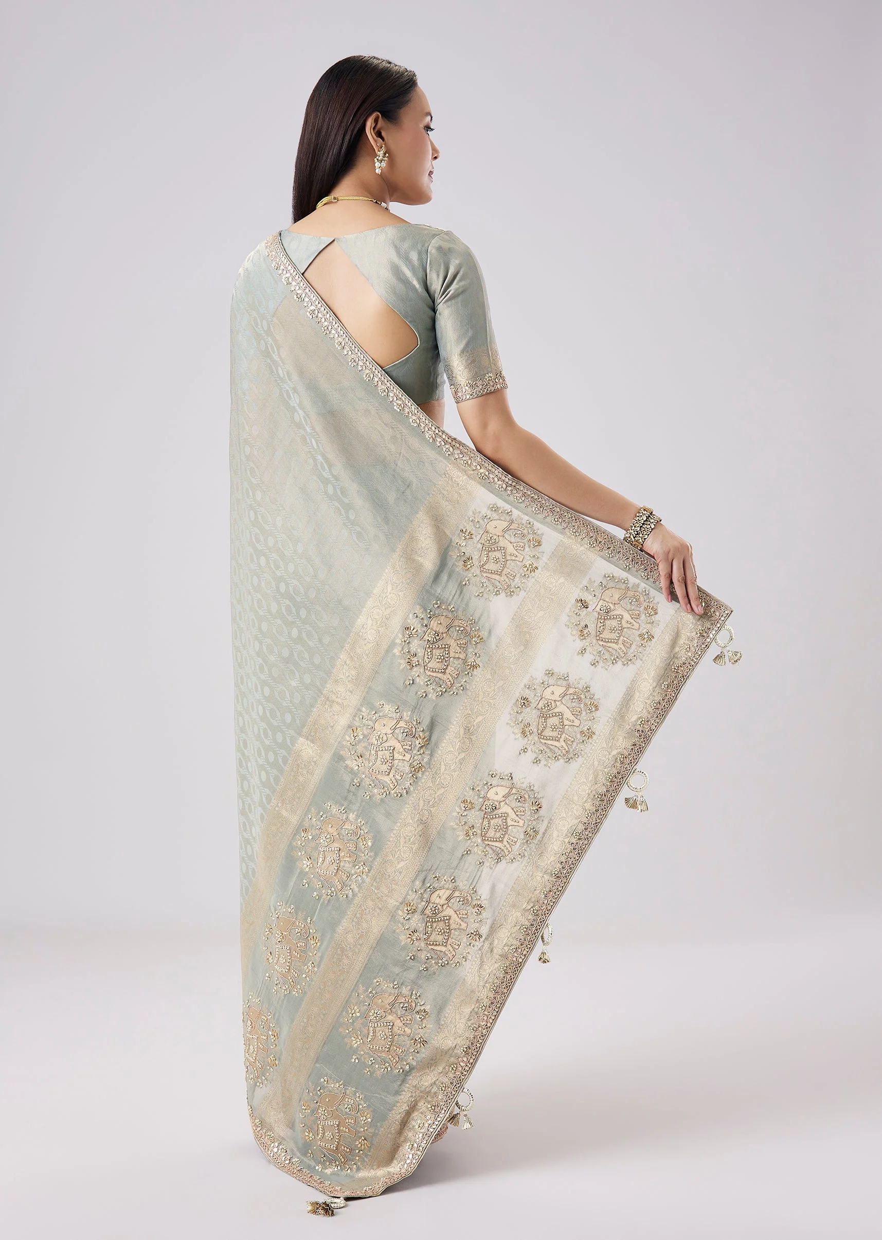 Grey Embroidered Motif Tassel Saree With Unstitched Blouse - Image 4