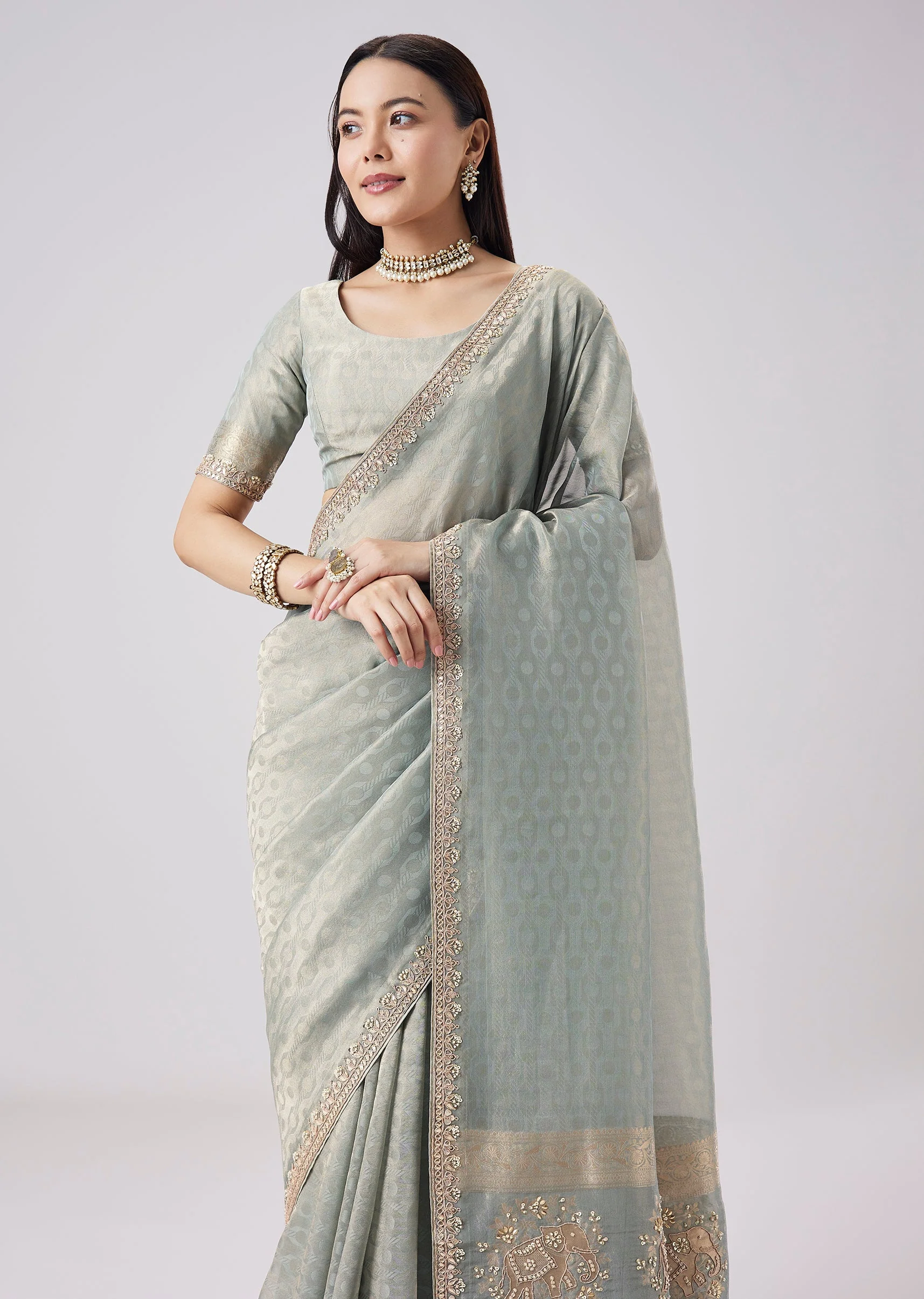 Grey Embroidered Motif Tassel Saree With Unstitched Blouse - Image 5