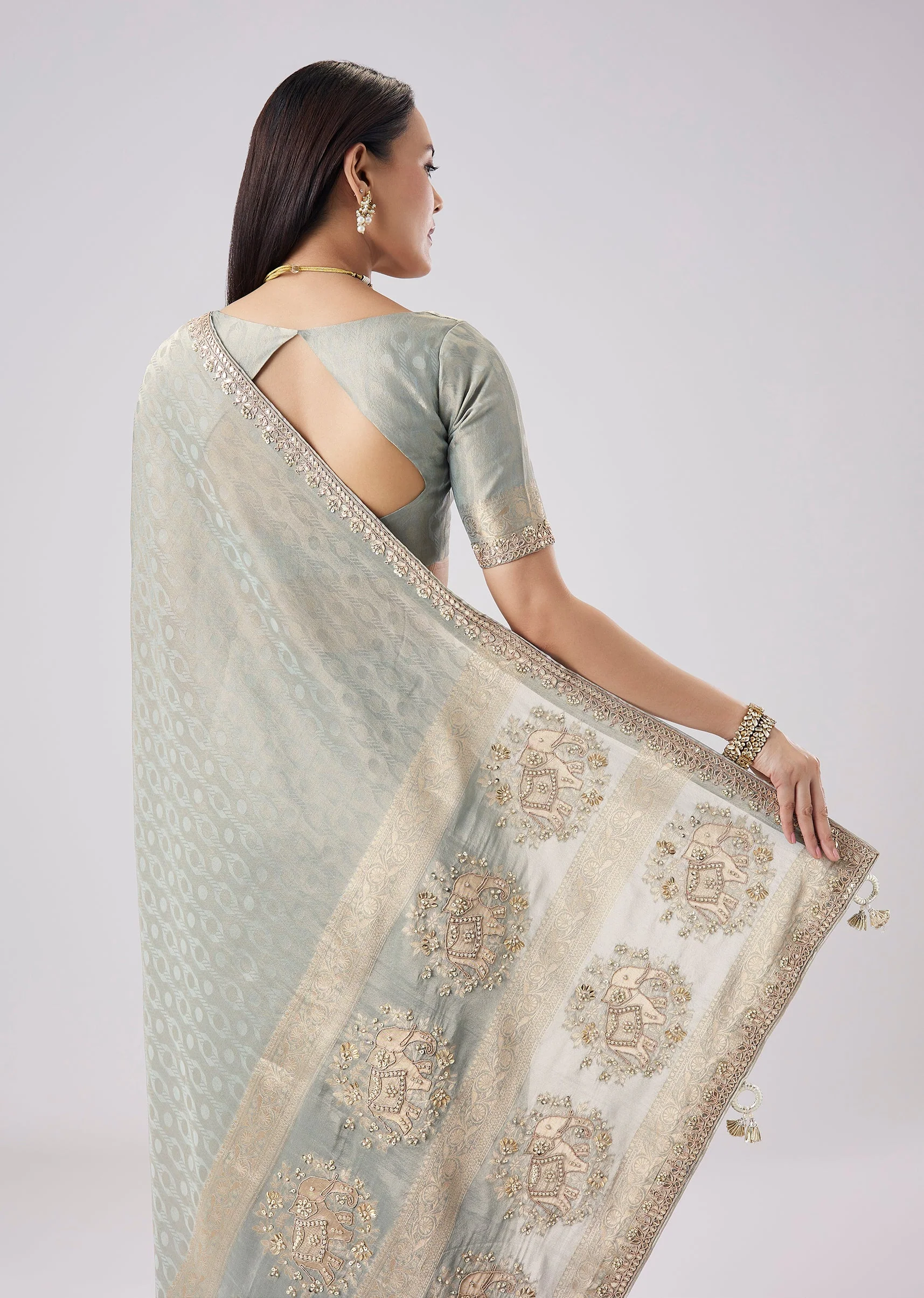 Grey Embroidered Motif Tassel Saree With Unstitched Blouse - Image 6