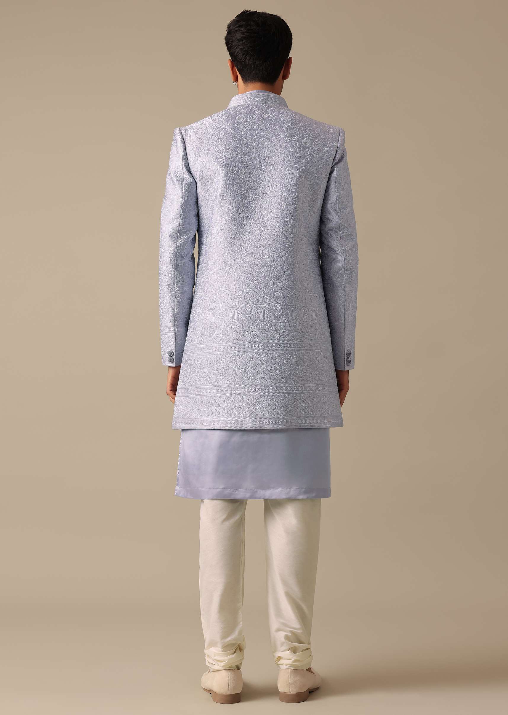 Grey Embroidered Sherwani And Kurta Set In Satin Silk - Image 5