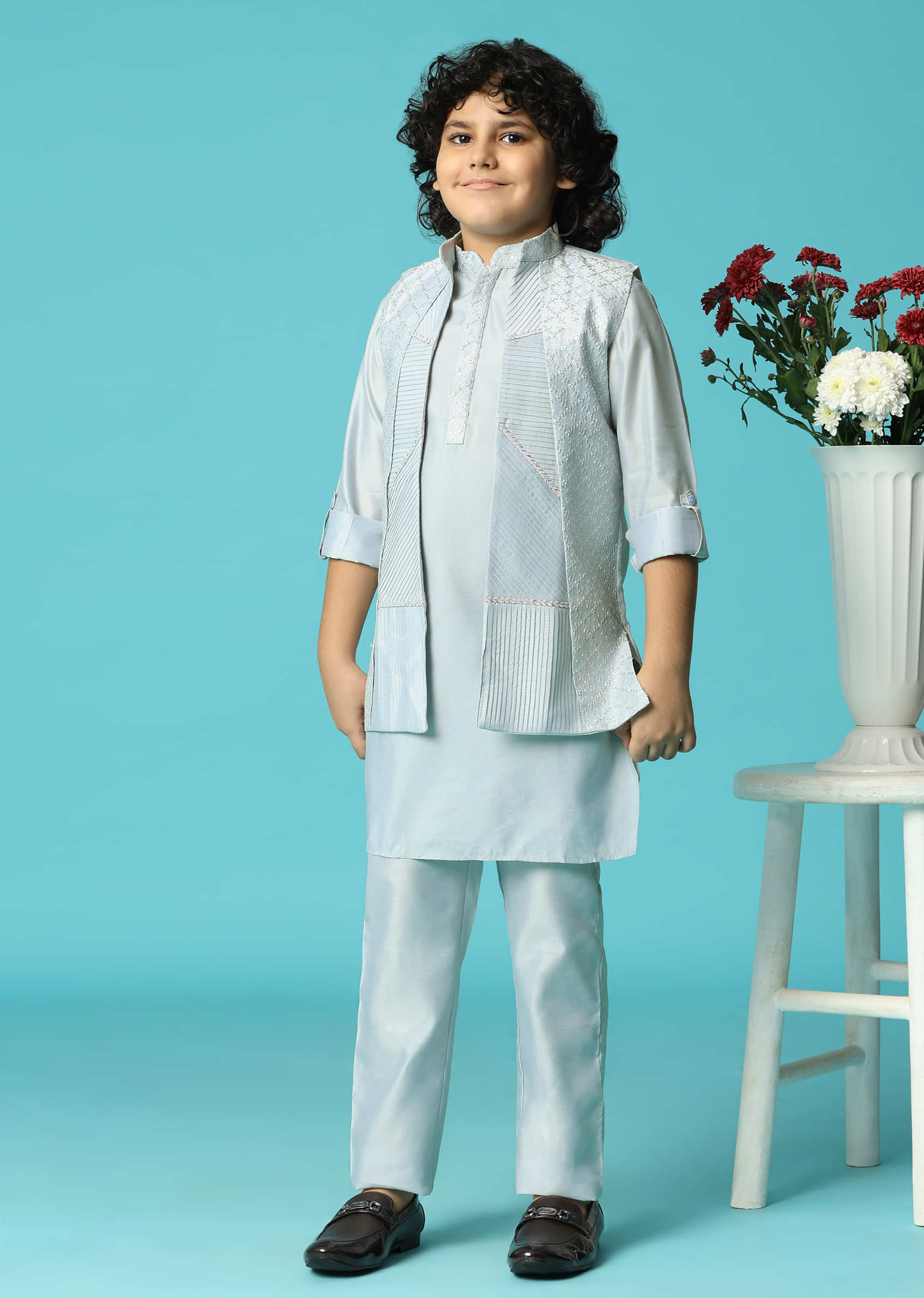 Grey Embroidered Silk Kurta Jacket Set For Boys - Image 3