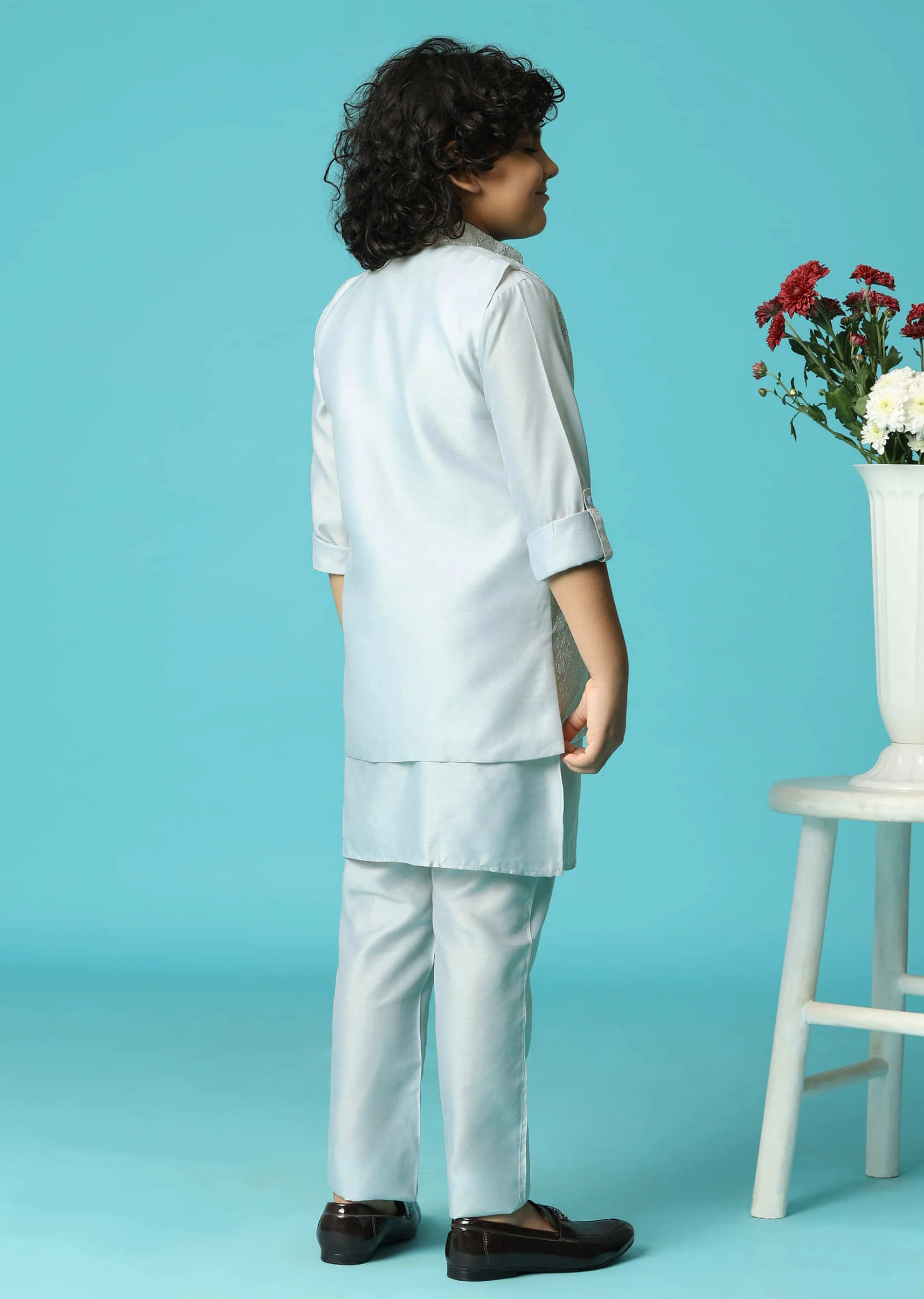Grey Embroidered Silk Kurta Jacket Set For Boys - Image 5