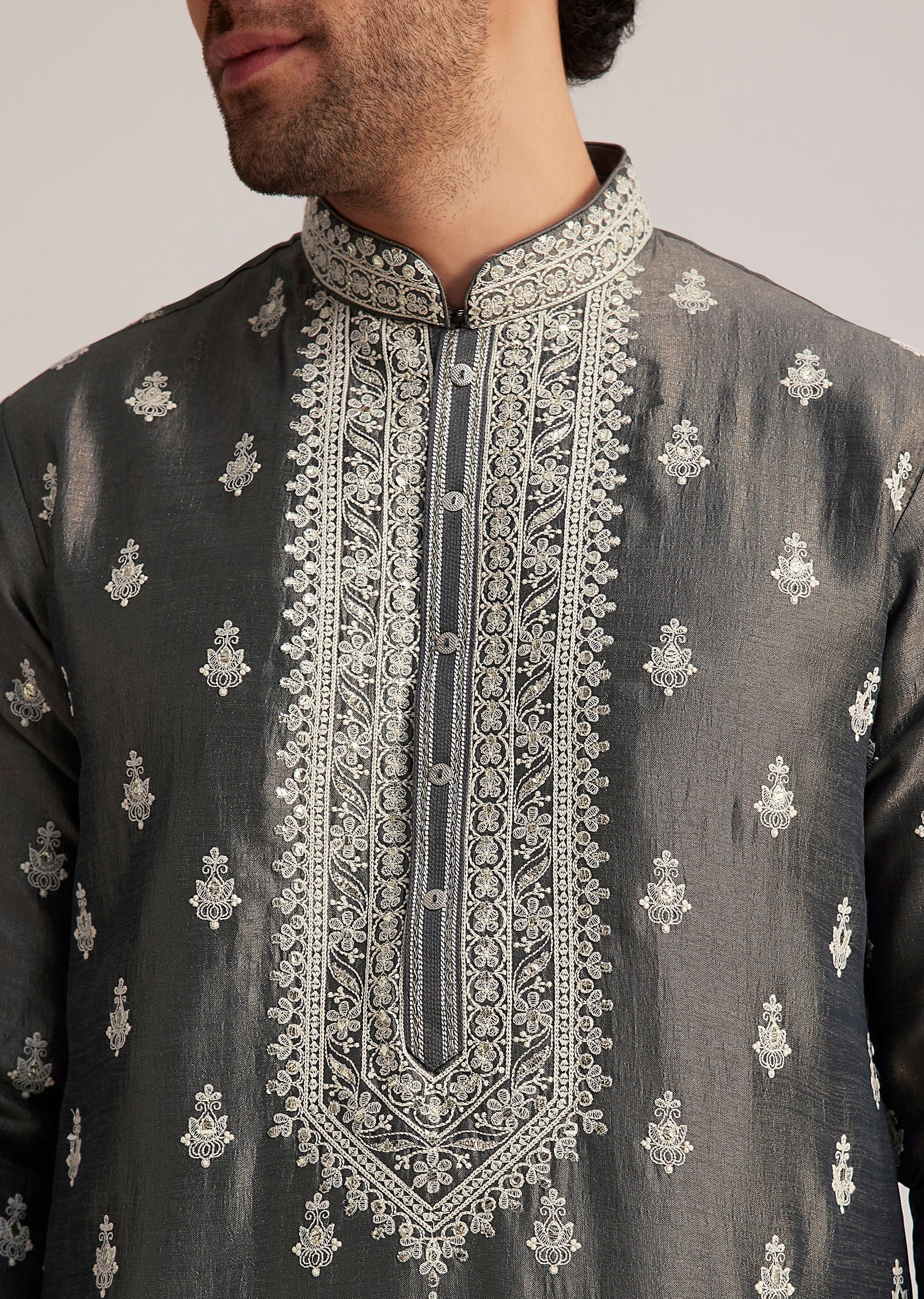 Grey Embroidered Silk Kurta Set - Image 2