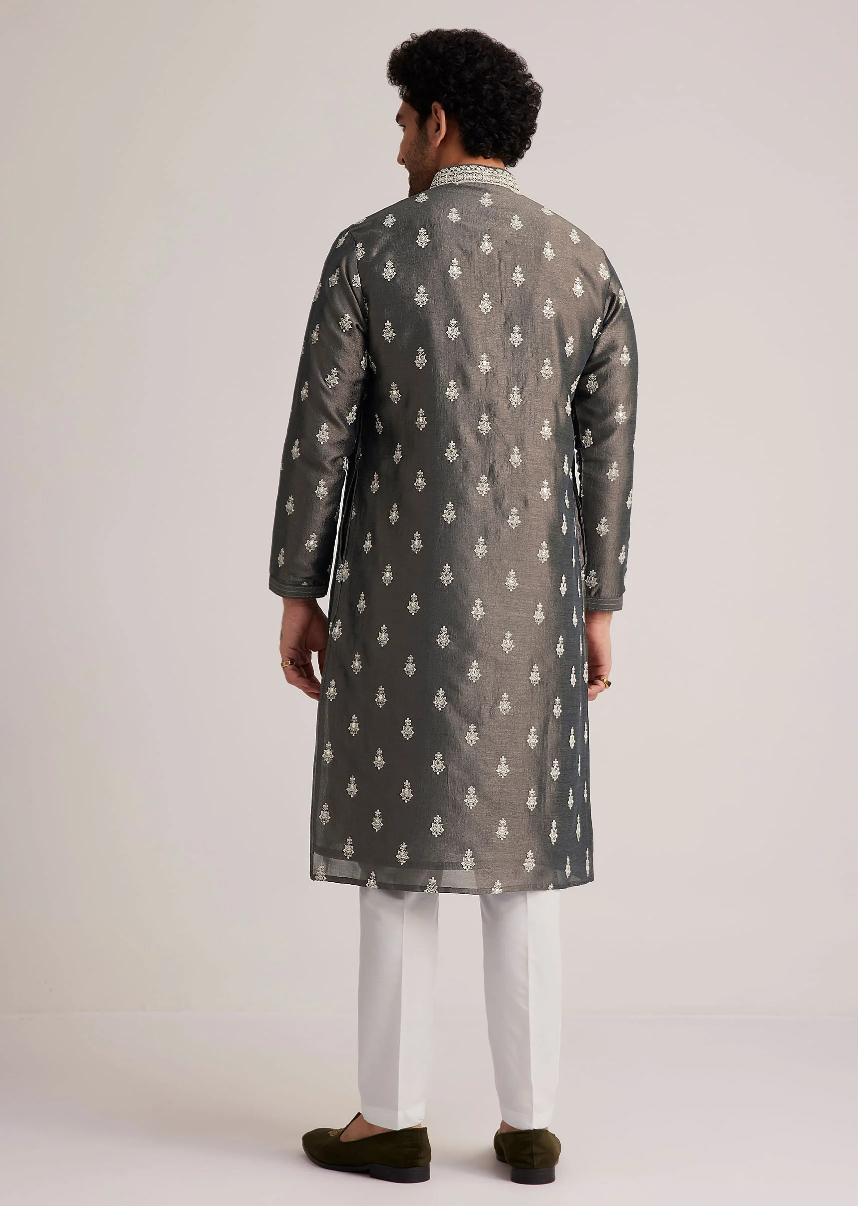Grey Embroidered Silk Kurta Set - Image 5