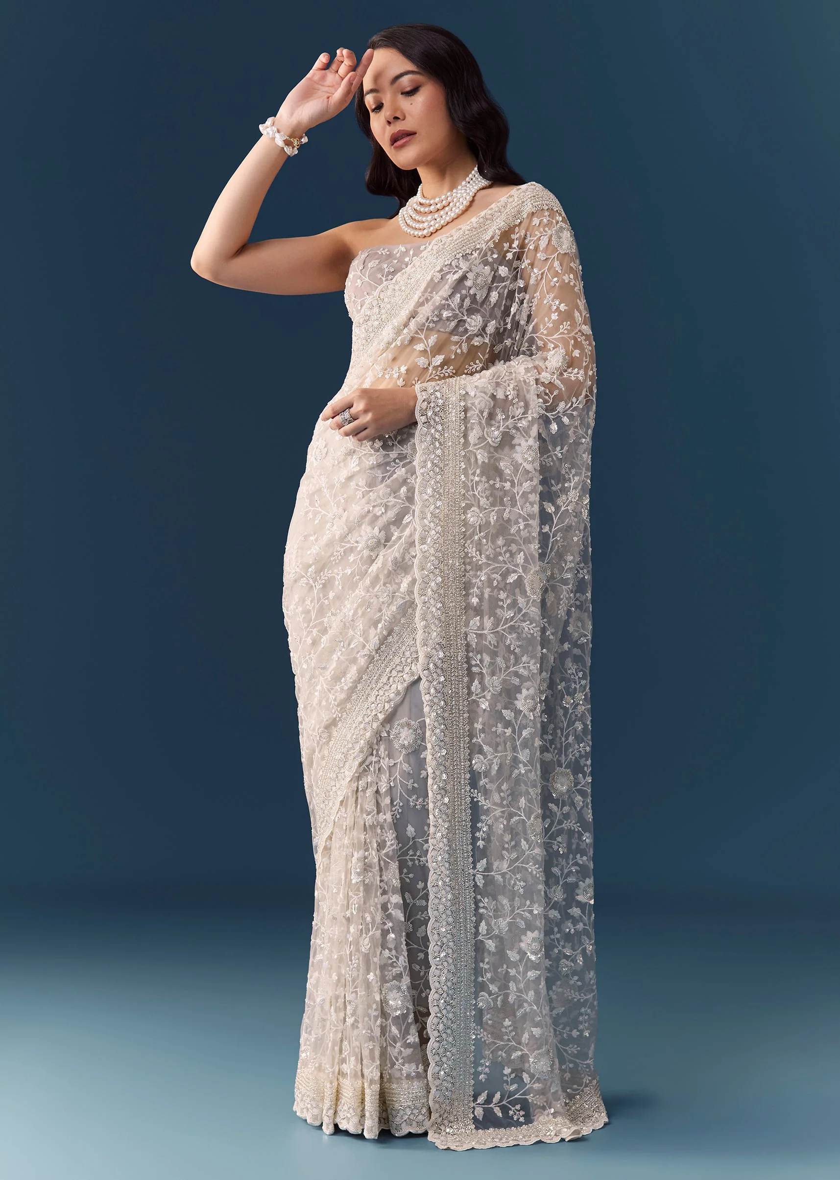 Grey Floral Jaal Embellished Saree with Unstitched Blouse - Image 3
