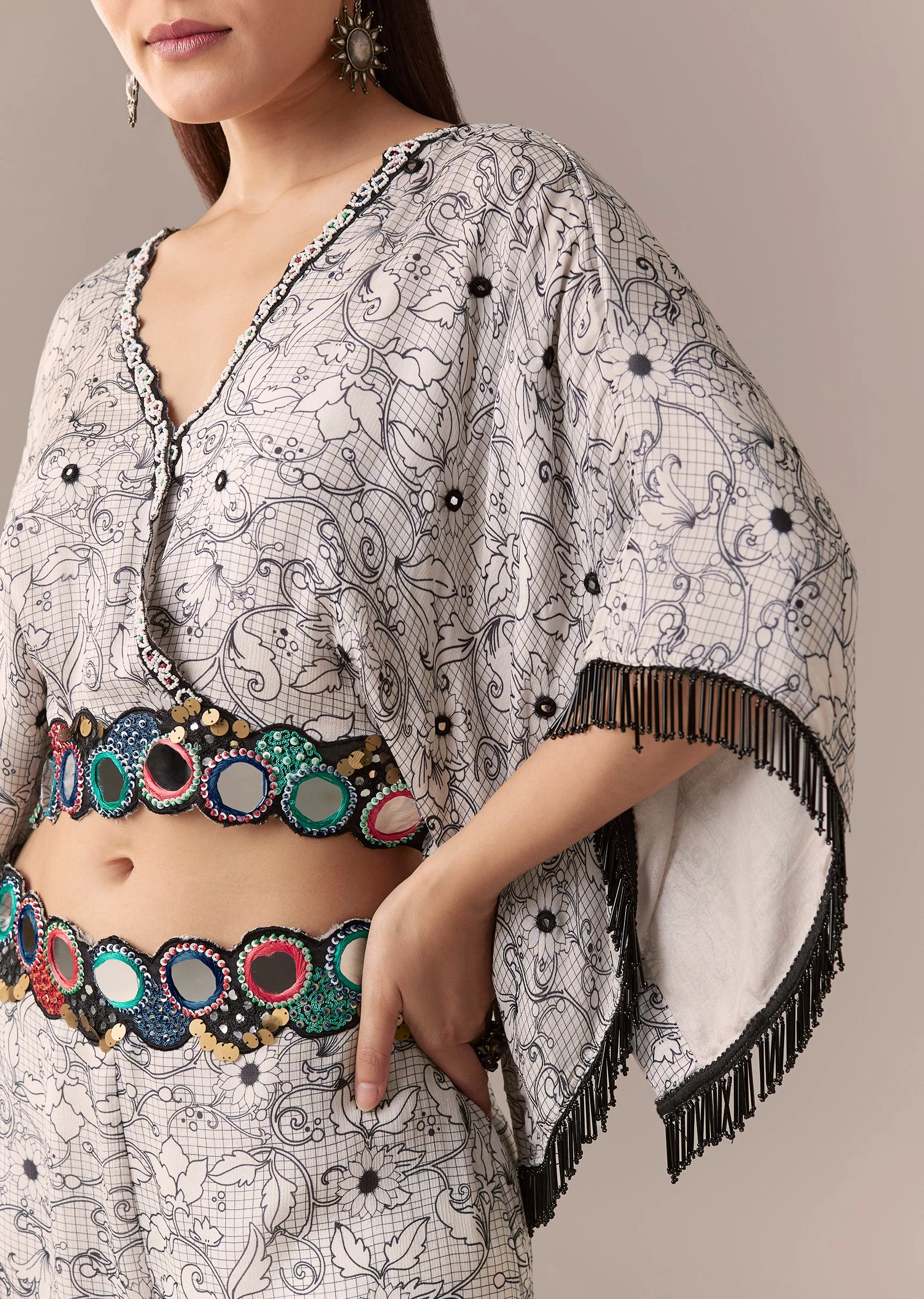 Grey Floral Mirror Work Crop Top Set With Palazzo - Image 2