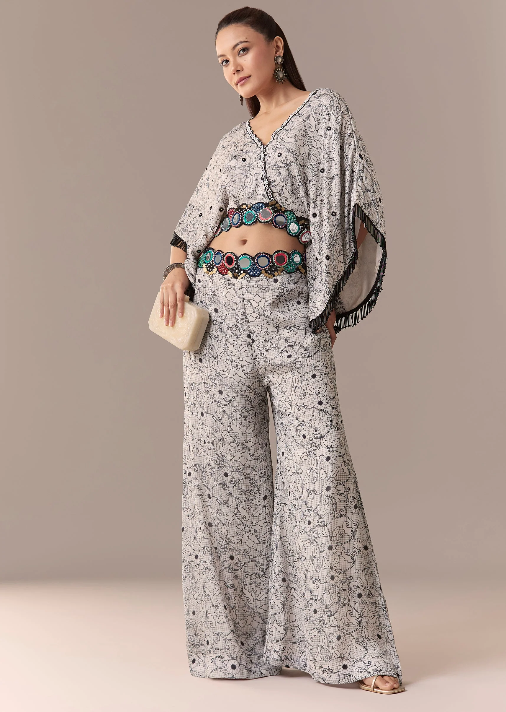 Grey Floral Mirror Work Crop Top Set With Palazzo - Image 3