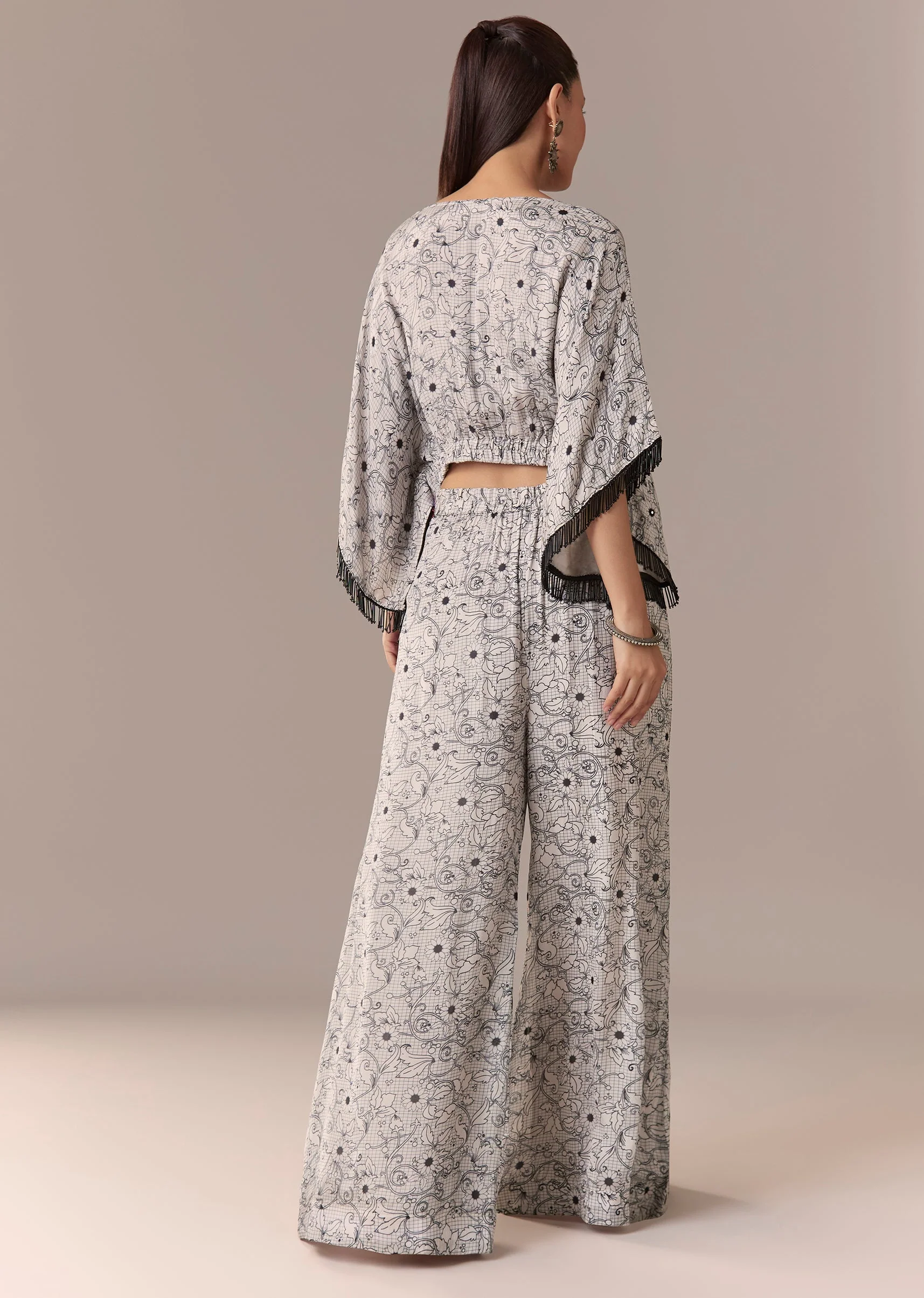 Grey Floral Mirror Work Crop Top Set With Palazzo - Image 5
